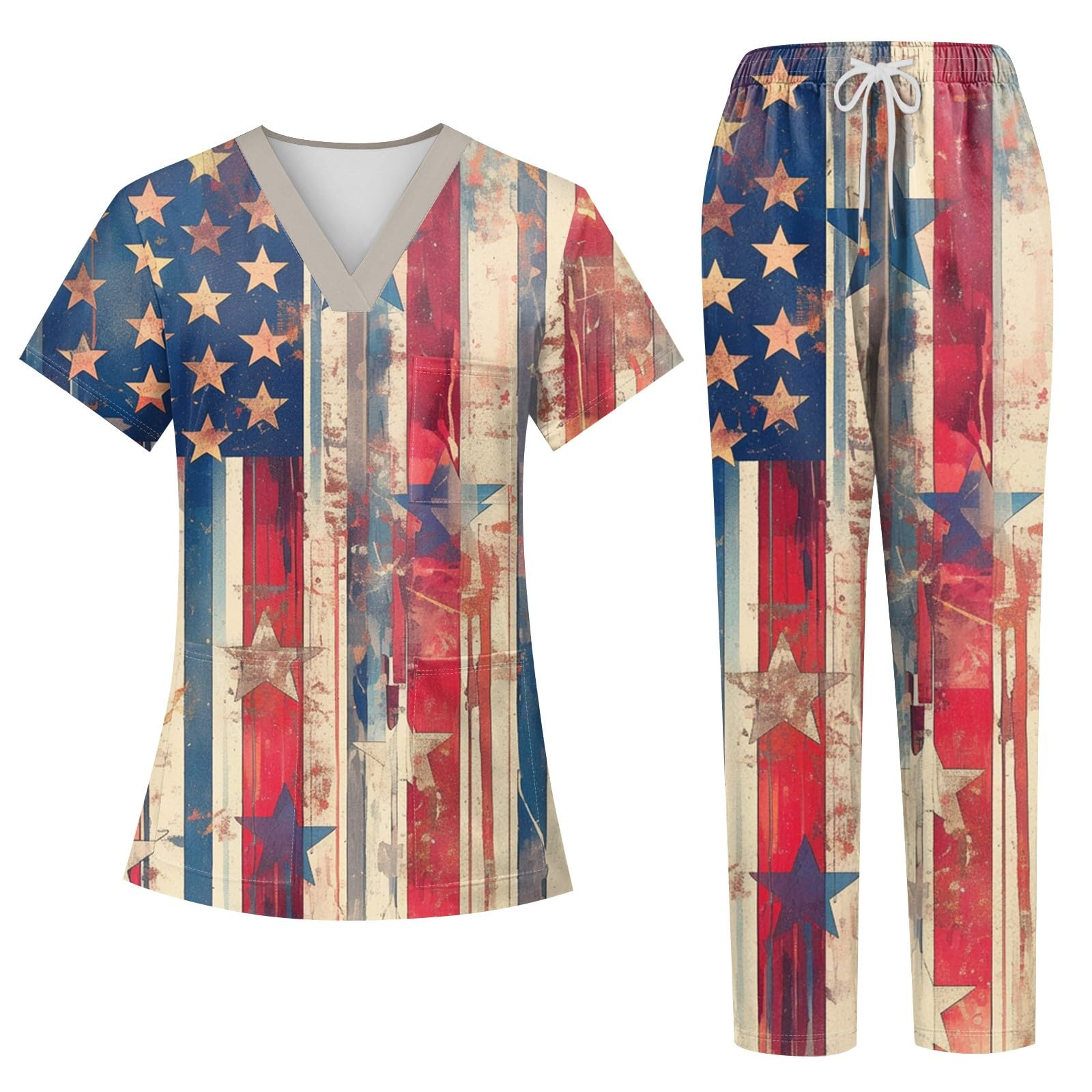 4th of July Women Scrubs Sets V-Neck Top & Straight Leg Pants with Pockets Medical Uniform Yoga Waistband Unisex Workwear Blues XL