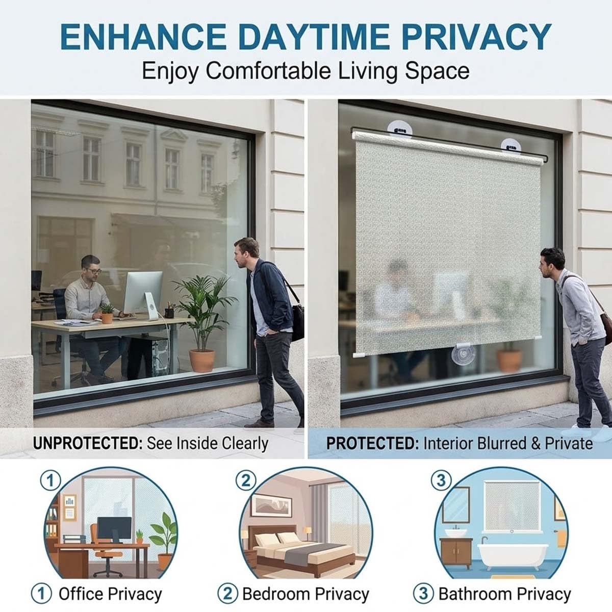 Rollo Ohne Bohren，Saugnapf-Rollladen, Verdunkelungsrollo Breite 30 35 40 45 50 55 60 65 70 80cm Einziehbarer Sichtschutz Temporäre Jalousien Für Fenster Büro Auto(Schwarz,W80xH175cm)