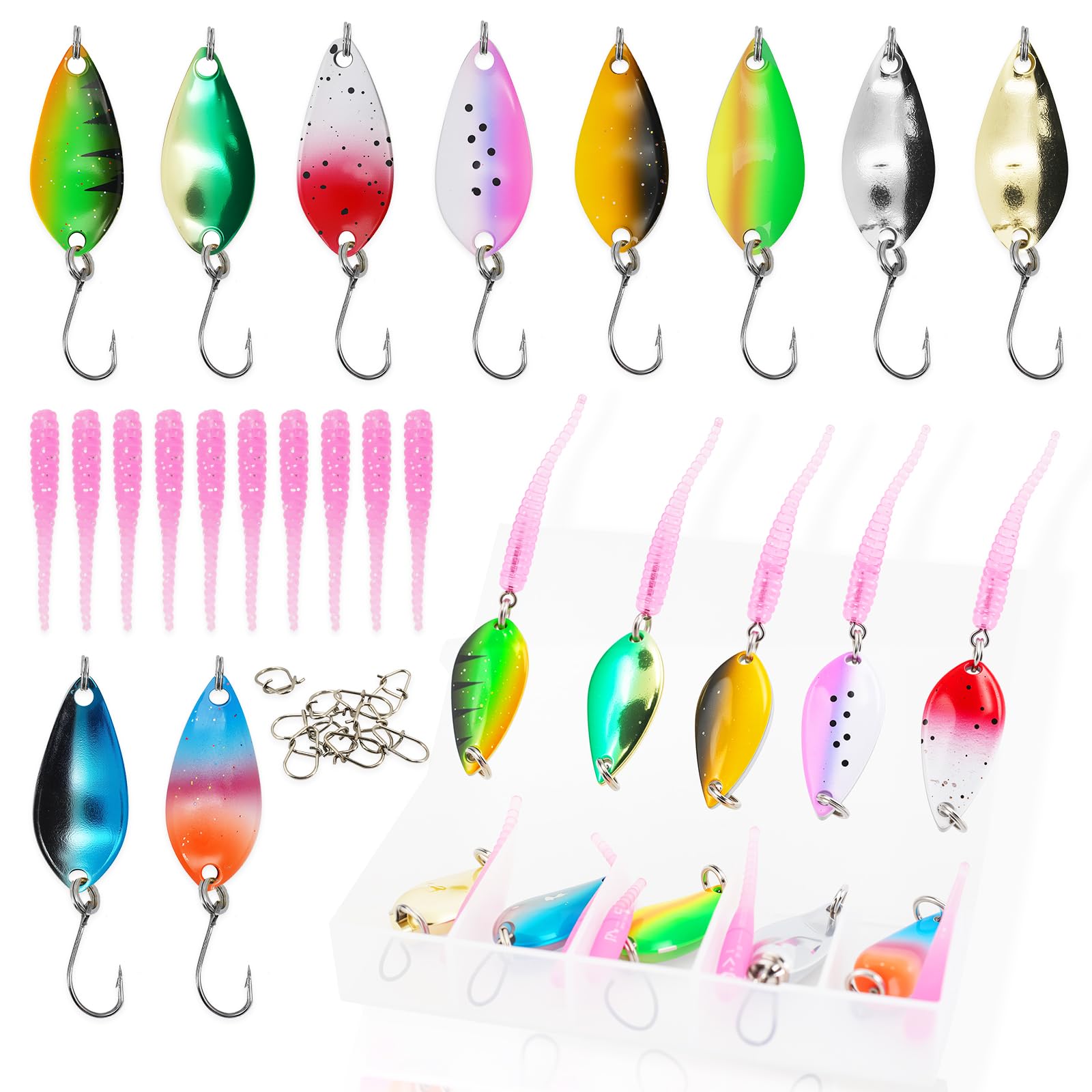 10pc Metal Spoon & Soft Plastic Lures Kit | Spinnerbait Box w/Paddle Tails | Bass/Walleye/Trout/Salmon | Pro Saltwater & Freshwater Fishing Gear