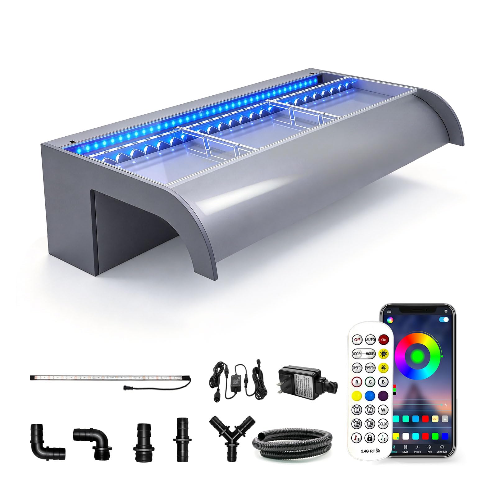 LONGRUN 60cm Acrylic Curved Waterfall Blade, Complete Waterfall & Stream Kits for Outdoor Water Features Home Decor, Pool Water Spillway with Detachable Cover Plate