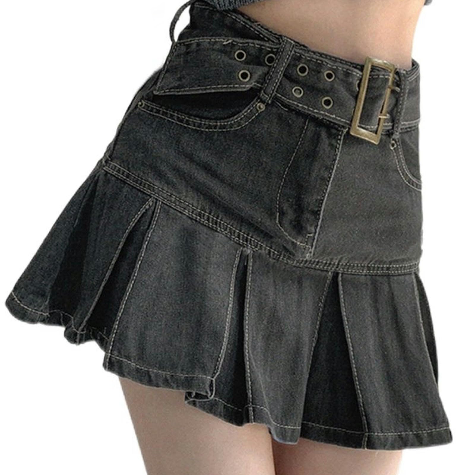 AYAZER AYAZER Falda Vaquera Plisada de Cintura Alta de Verano con Forma de Pera Que Cubre una Falda Adelgazante de una línea - Negro - XL