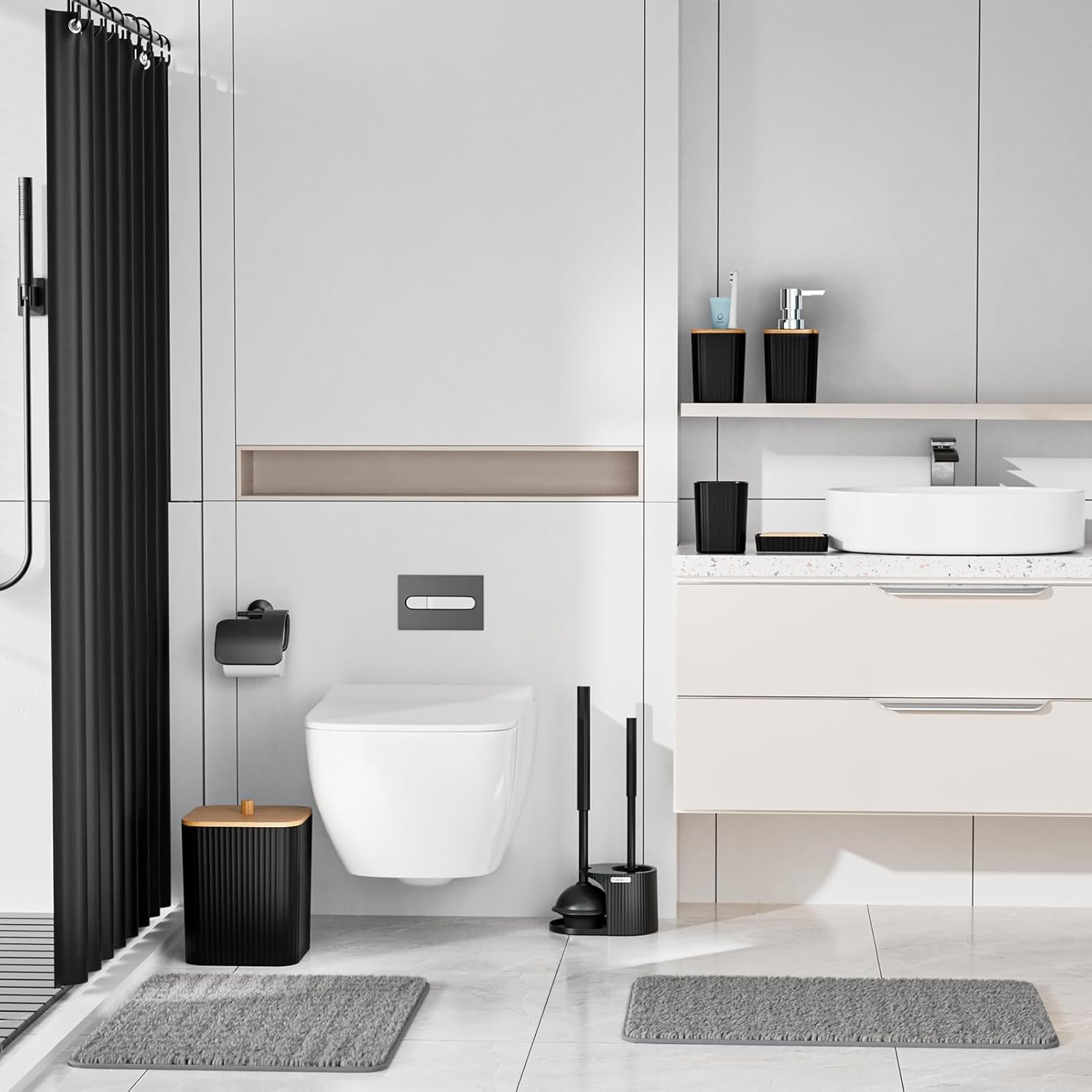 Bathroom Accessories Set-22PC Bathroom Sets with Shower Curtain and Rugs, 2 in 1 Toilet Brush and Plunger Set, Trash Can, Soap Dispenser, Stylish & Functional Bath Decor for Home, Black