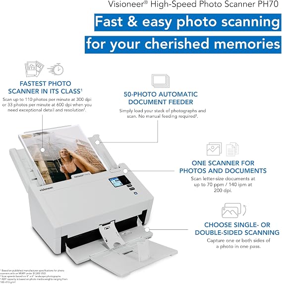 Visioneer High-Speed Color Photo and Document Scanner PH70, 600 dpi, USB, Scans 110 Photos Per Minute, 50-Photo Automatic Document Feeder (ADF), for Laptop or Desktop