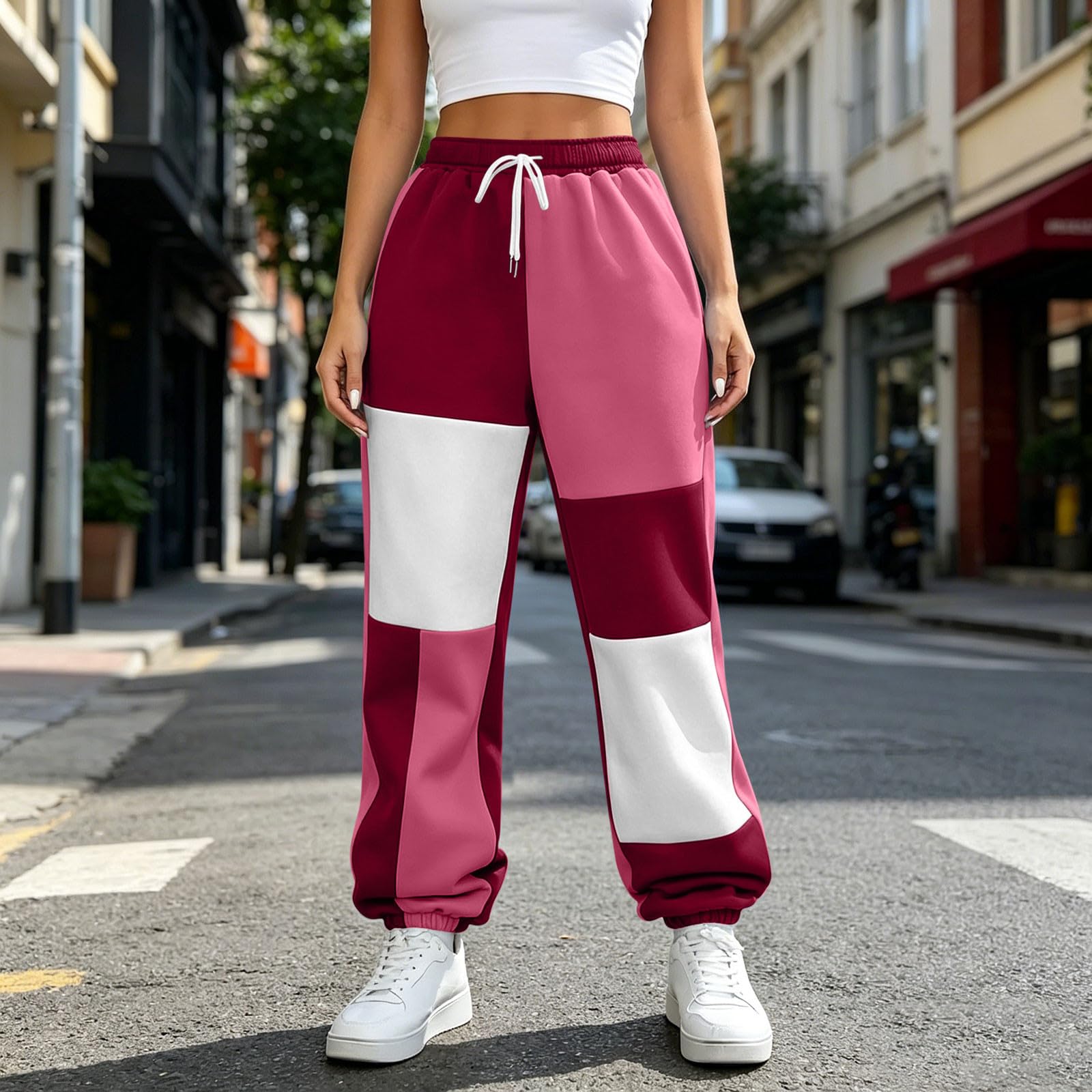 Pantaloni Donna Tuta Casual Pants Blocco di Colore Moda Pantaloni Tuta Donna con Tasche Running Joggers A Vita Alta vestibilità Rilassata Pantalone Ampia per Il Tempo Libero All'aperto