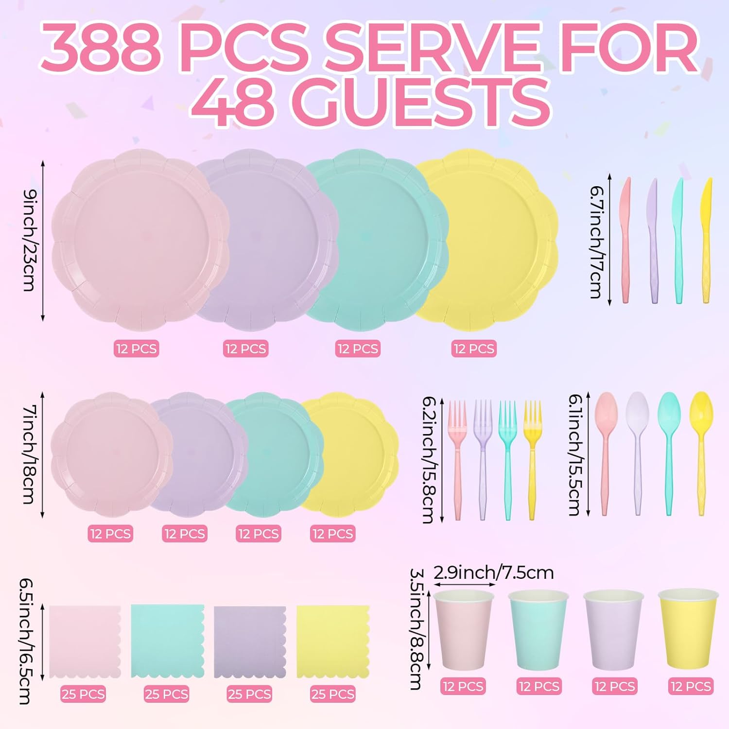 Qinyoung 388 Pcs Pastel Plates and Napkins Party Supplies Tableware Include Disposable Scalloped Plate Paper Napkin Cup Plastic Cutlery for Baby Shower Party Wedding Birthday, 48 Sets