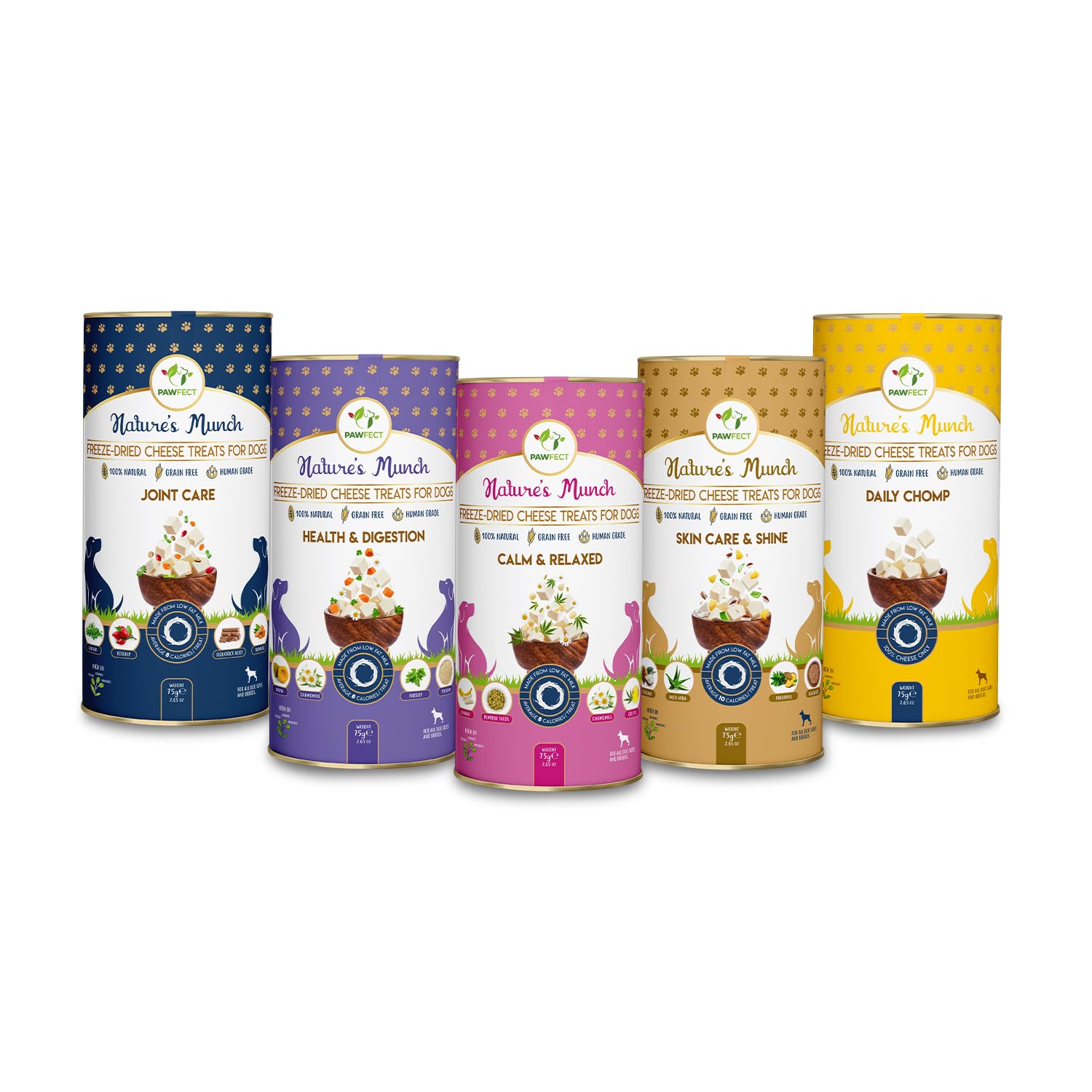 Pawfect Nature's Munch Functional Dog Treats - Pack of 5 - Calm and Relaxed + Joint Care + Skin Care + Health & Digestion + Daily Chomp (375g/13.22oz)