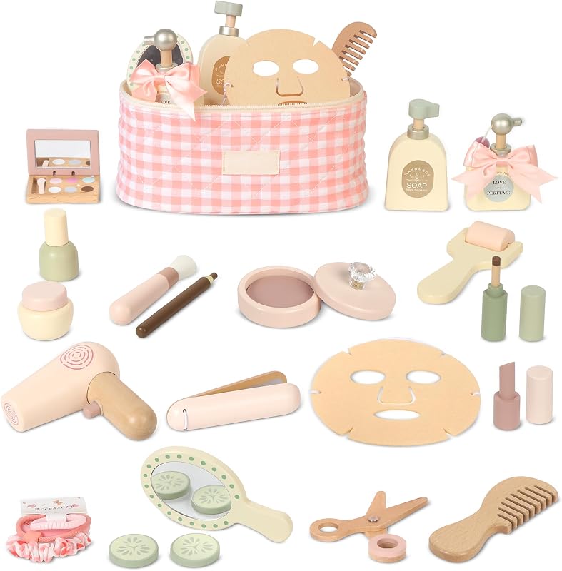 Pithfor Wooden Makeup Toy Set, Pretend Play Makeup Set for Kids Toddlers, Play Beauty Makeup Kit for Girls 3 4 5 6 7 Year Old