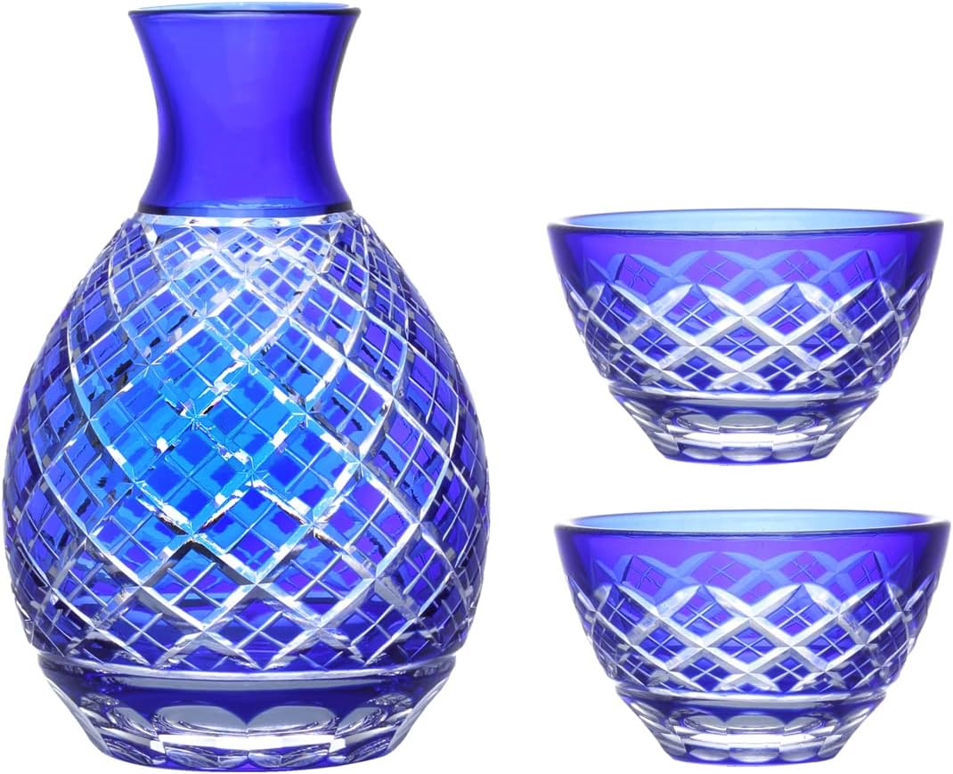 J-kitchens Retro Glass, Kiriko Cup, Sake Ceramics (1 Tokkuri, 2 Sets), Rhombus Crest, Blue Current Model