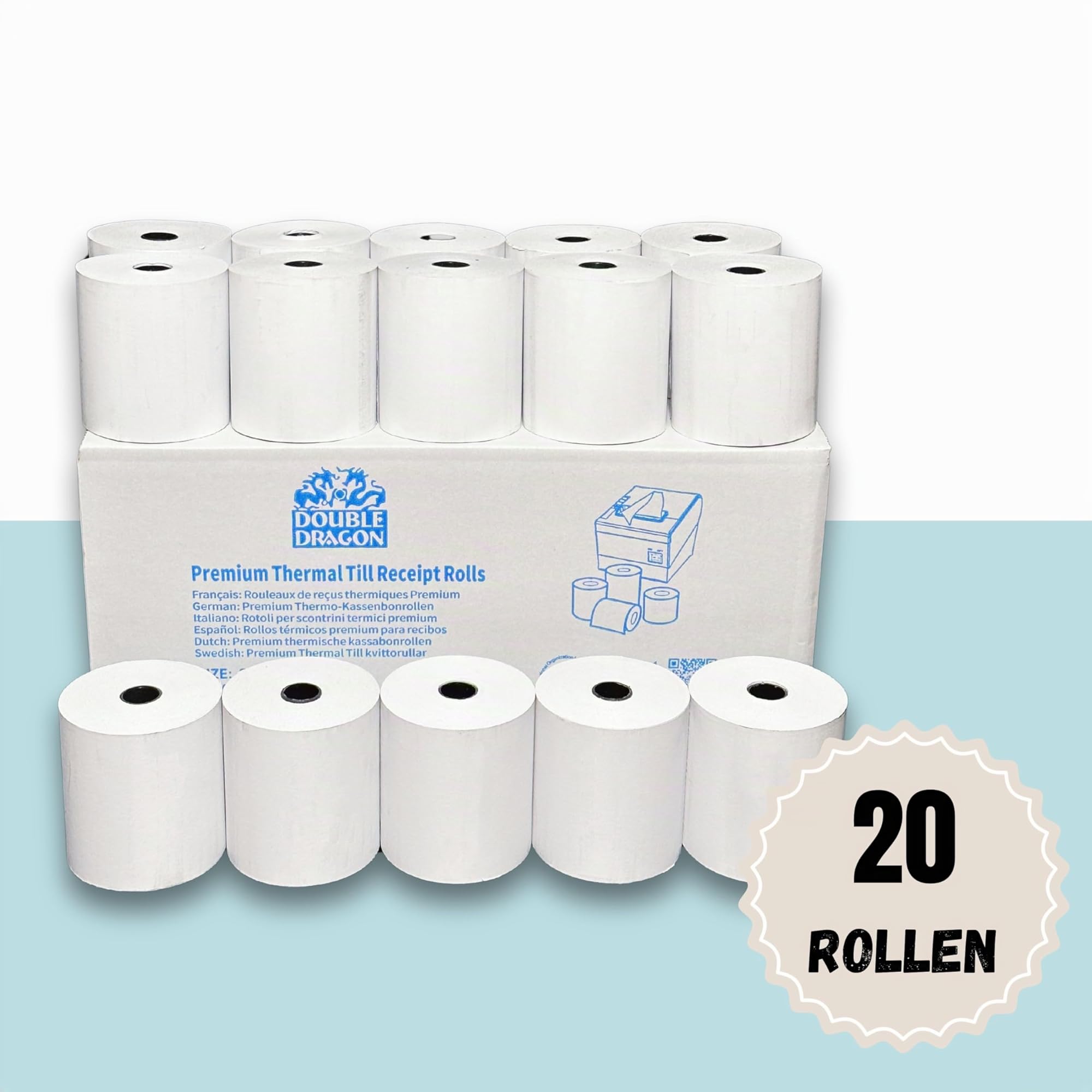 Double Dragon, 80 x 80 mm Premium Thermopapier Kassenrollen für EPOS-Drucker, POS-Terminal, Kassensystem [Packung mit 20]