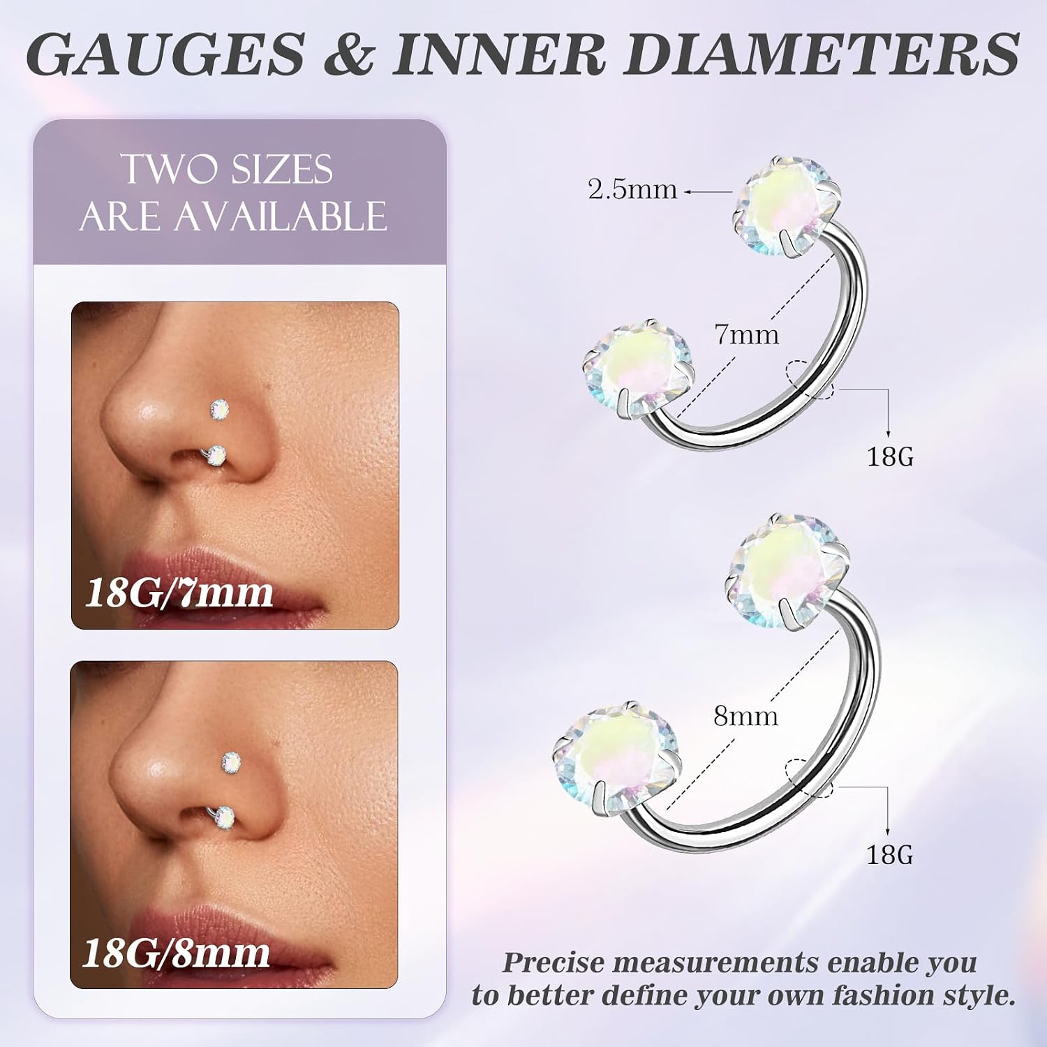 ONESING 18G/20G Horseshoe Nose Rings for Women Stianless Steel Double Gem Nose Rings Hoops Push in Cartilage Helix Tragus Horse shoe Nose Jewelry Hypoallergenic Threadless Nostril Piercing Jewelry for Women Men Silver/Gold/Black inner 7mm/8mm image 3
