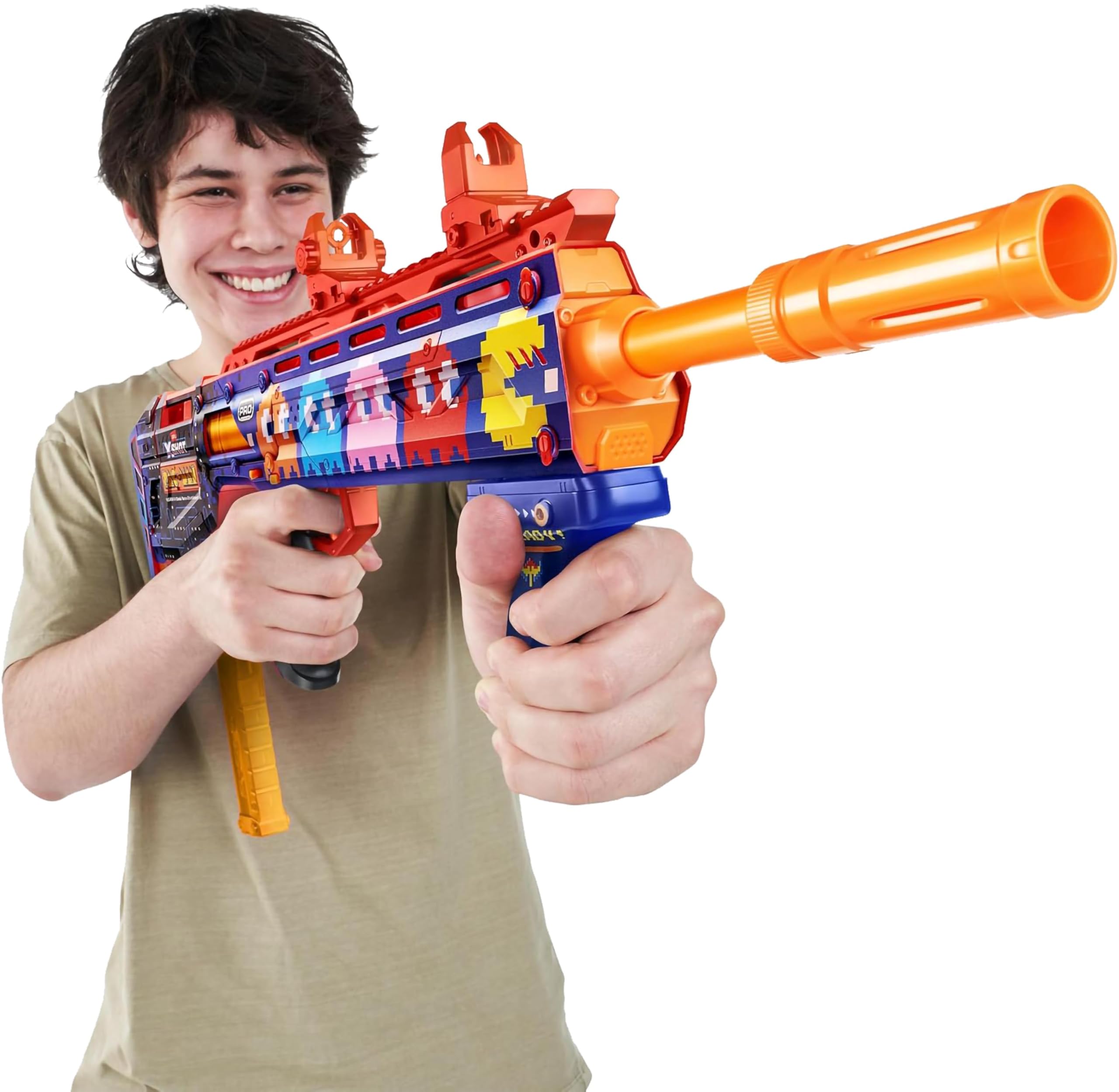 XSHOT Skins Pro Pac Man Long Shot Blaster, 40 dardos, Slam Fire, piel retro, 2 clips rápidos, munición de longitud media y completa, tecnología de espuma de bolsillo de aire, alcance de 66 pies