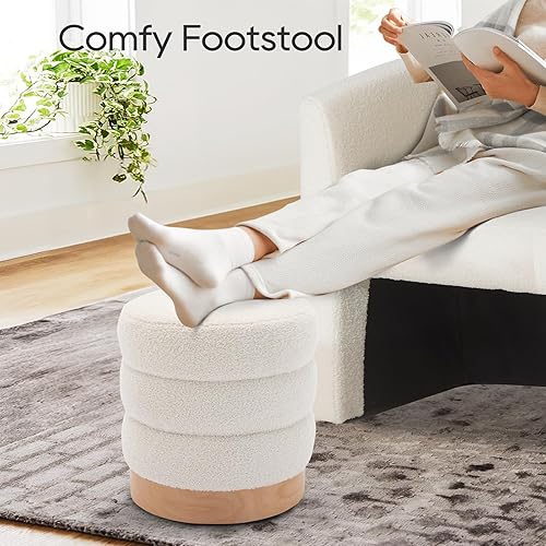 Miniatura 3 de COLAMY Taburete otomano de sherpa, taburete moderno con base de madera para sala de estar, dormitorio, escritorio, mesa auxiliar redonda versátil y