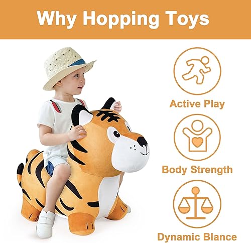 Miniatura 2 de iPlay, iLearn Bouncy Pals - Juguete de tolva de tigre, caballo saltador para niños pequeños, gorila de animales con bomba, jinete inflable que