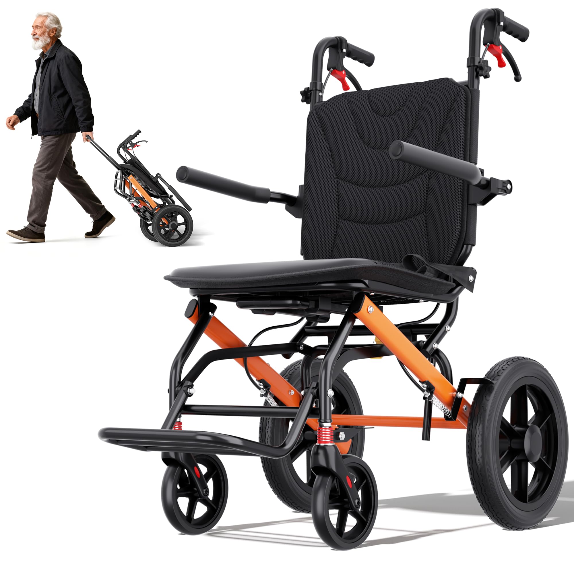 Wheelchairs for Adults,Transport Wheelchair Lightweight Foldable with Removable Cushion,Ergonomic Transfer Chair with 12-inch Rear Wheels for All