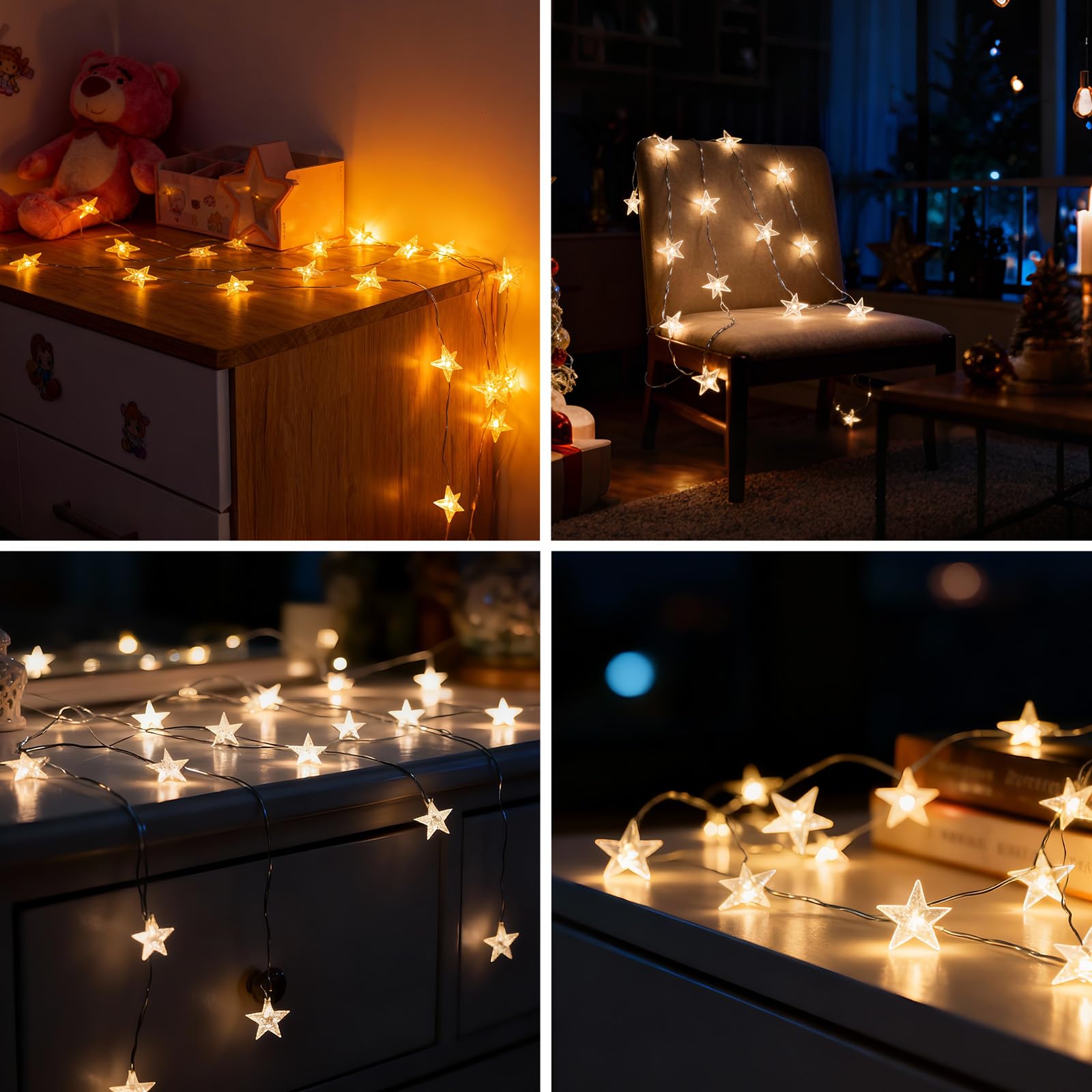 Guirnalda de luces de estrella a batería, 2 m, micro 20 LED, funciona con pilas, temporizador IP65, alambre plateado, luces de hadas para árbol de Navidad, cumpleaños, fiesta de San Valentín