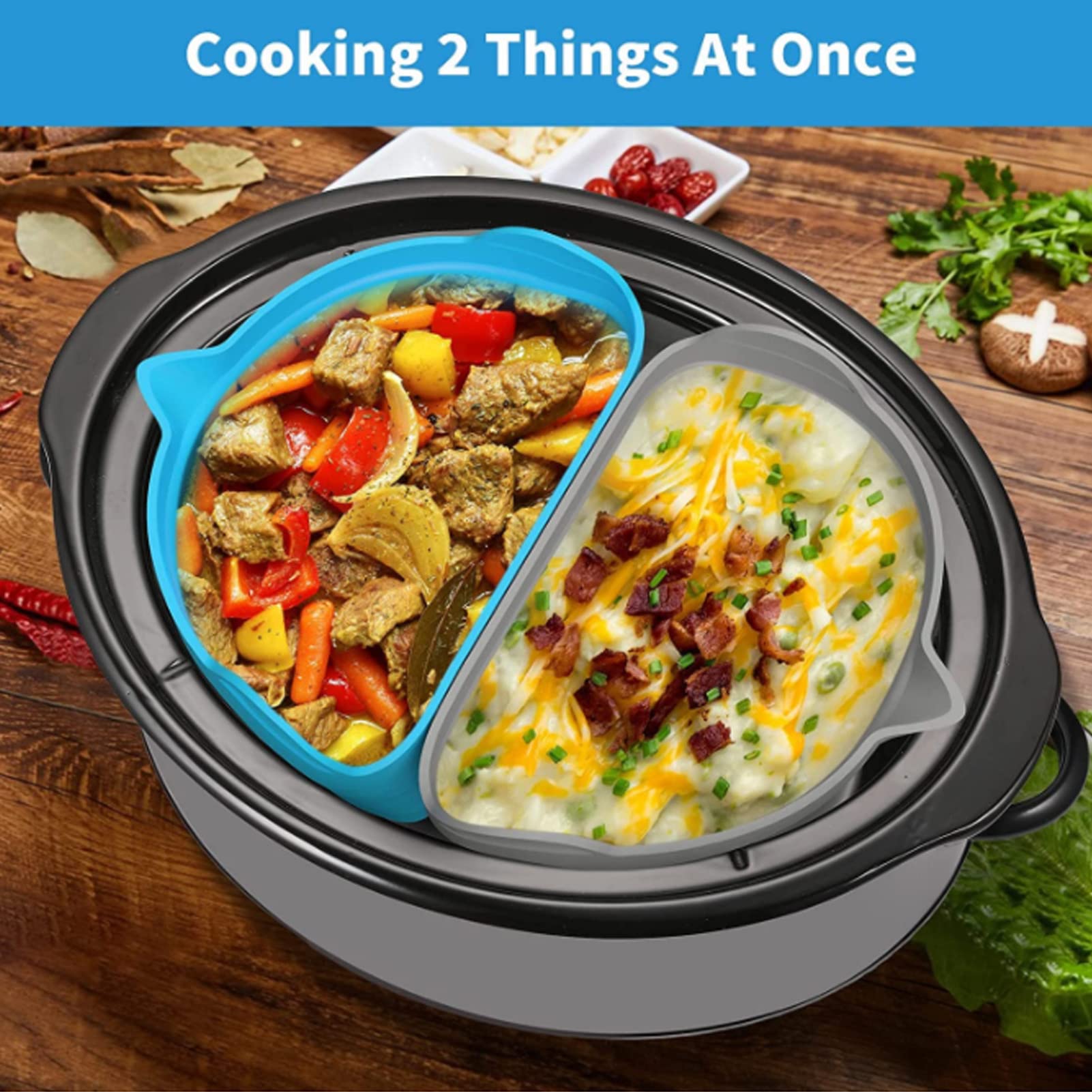 2PCS Slow Cooker Liner, Crock Pot Liner Crock Pot Divider Reusable Silicone Divider Insert Fits 6?8 Quarts Slow Cookers (Indigo Blue)