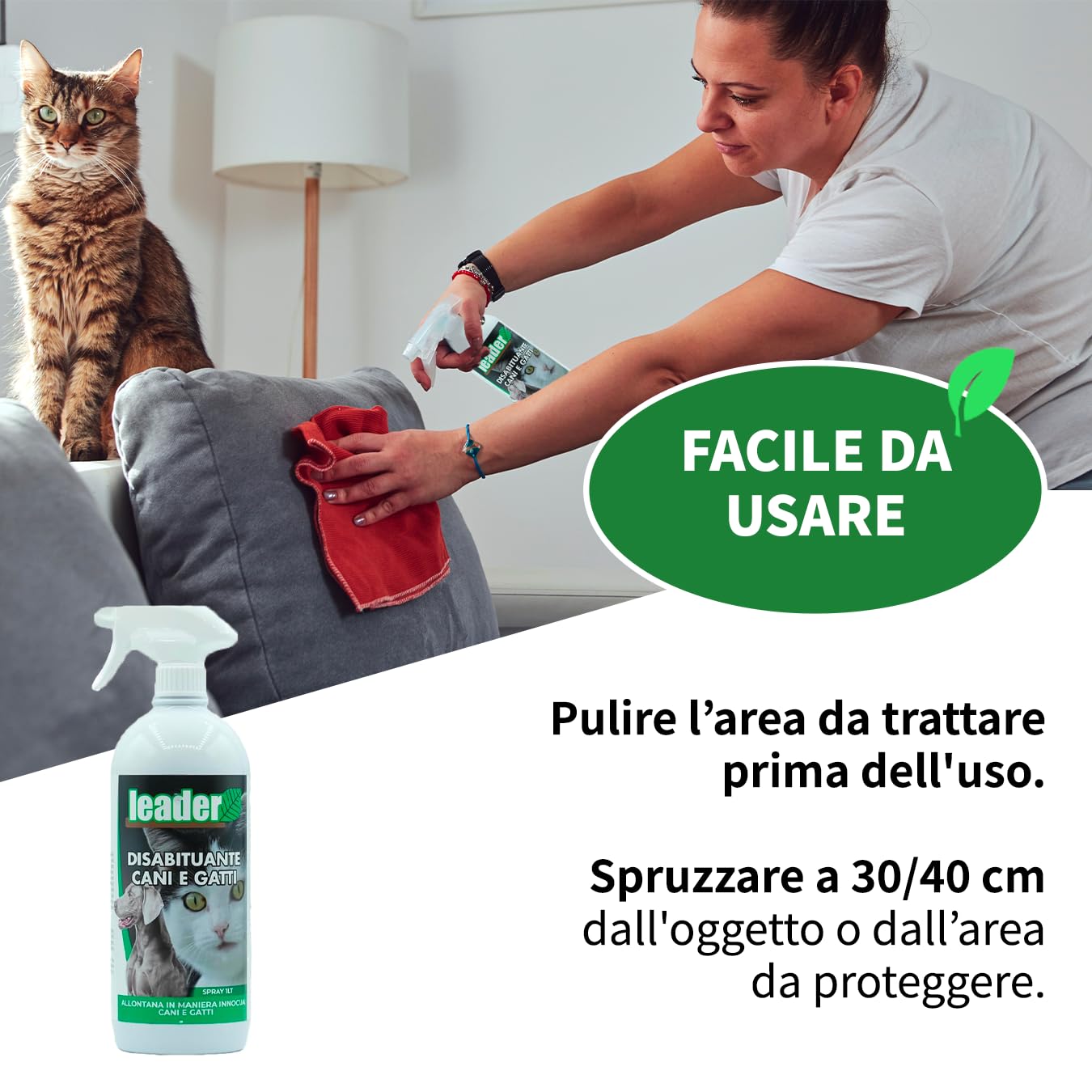 LEADER, Disabituante Spray, Repellente, Dissuasore, Allontana Cani e Gatti, Crea Barriera Olfattiva, Con Oli Essenziali ed Ingredienti Naturali, Uso per Superfici Interne ed Esterne, Formato da 1L