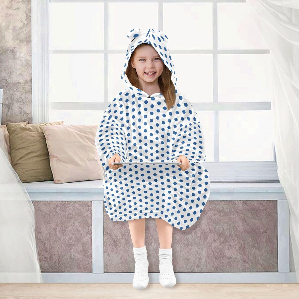 Niebieskie kropki dziecięcy koc do noszenia z kapturem oversize bluza koc sweter geometryczne kropki dla chłopców i dziewcząt w wieku 3-14 lat