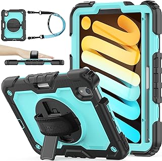 SEYMAC stock iPad Mini 6 Case, [Full-Body] Drop Proof Armor Case with 360 Rotating Stand [Pencil Holder][Screen Protector] Hand Strap for iPad Mini 6th Generation 8.3'' (SkyBlue+Black)