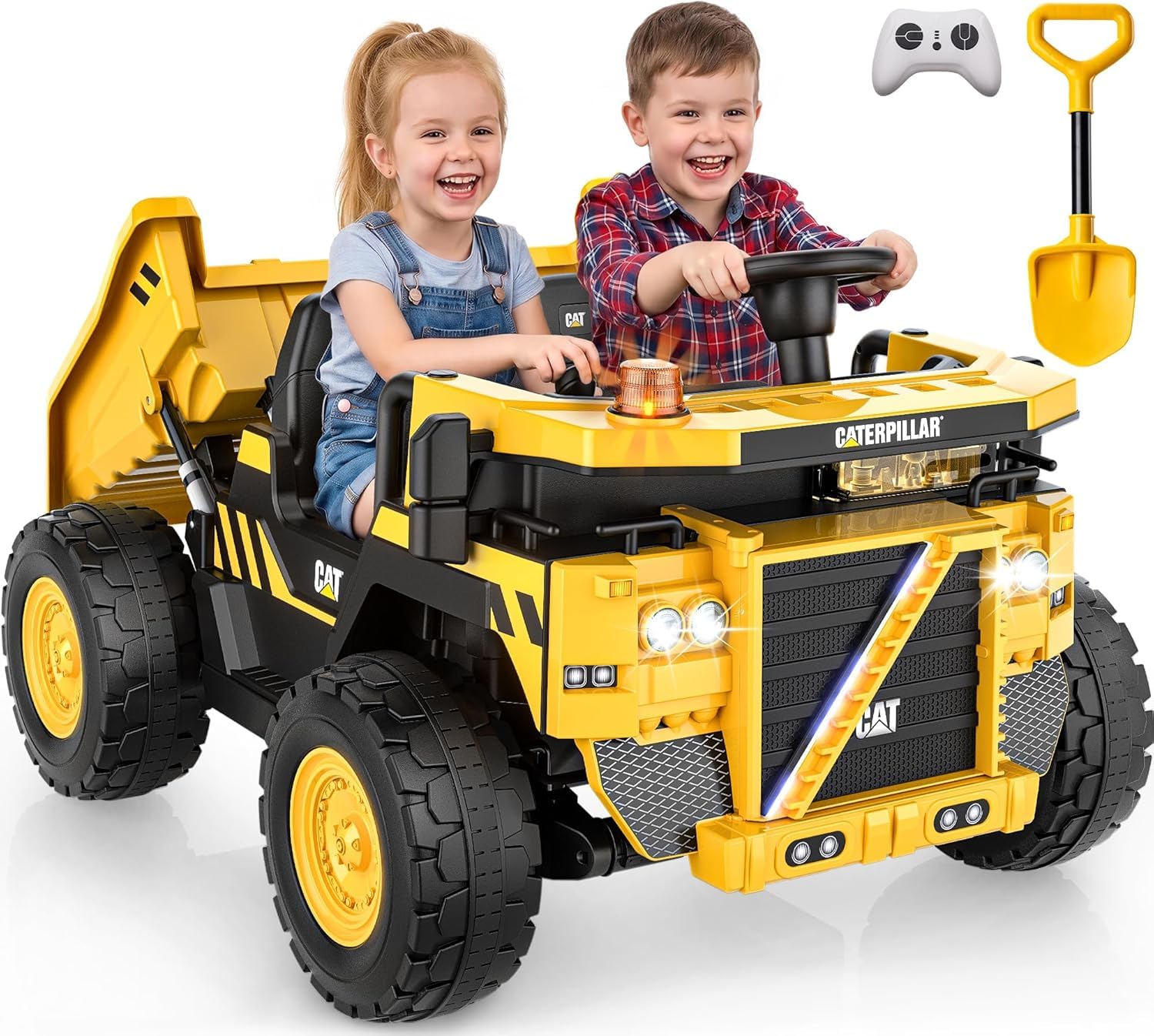 Camion 24V Macchina 4x4 Elettrica 2 Posti Caterpillar da Cantiere Bambini Cassone Elettrico Ribaltabile e Pala Telecomando Parentale Luci Led Sirena Ammortizzatori Carico Massimo 50Kg (Dump Truck)