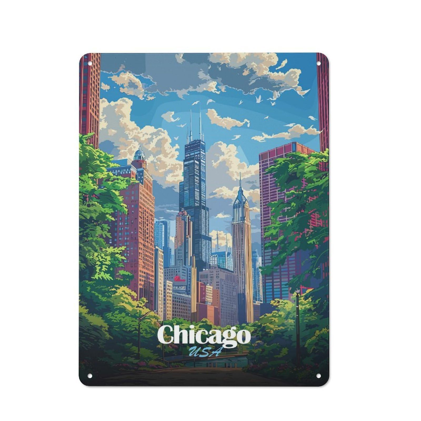 Chicago Skyline Illustration Decorative Tin Sign 40x30cm, Rustic Rustic Kitchen Decor for Kitchen, Cottage, Porch Or Garden Room