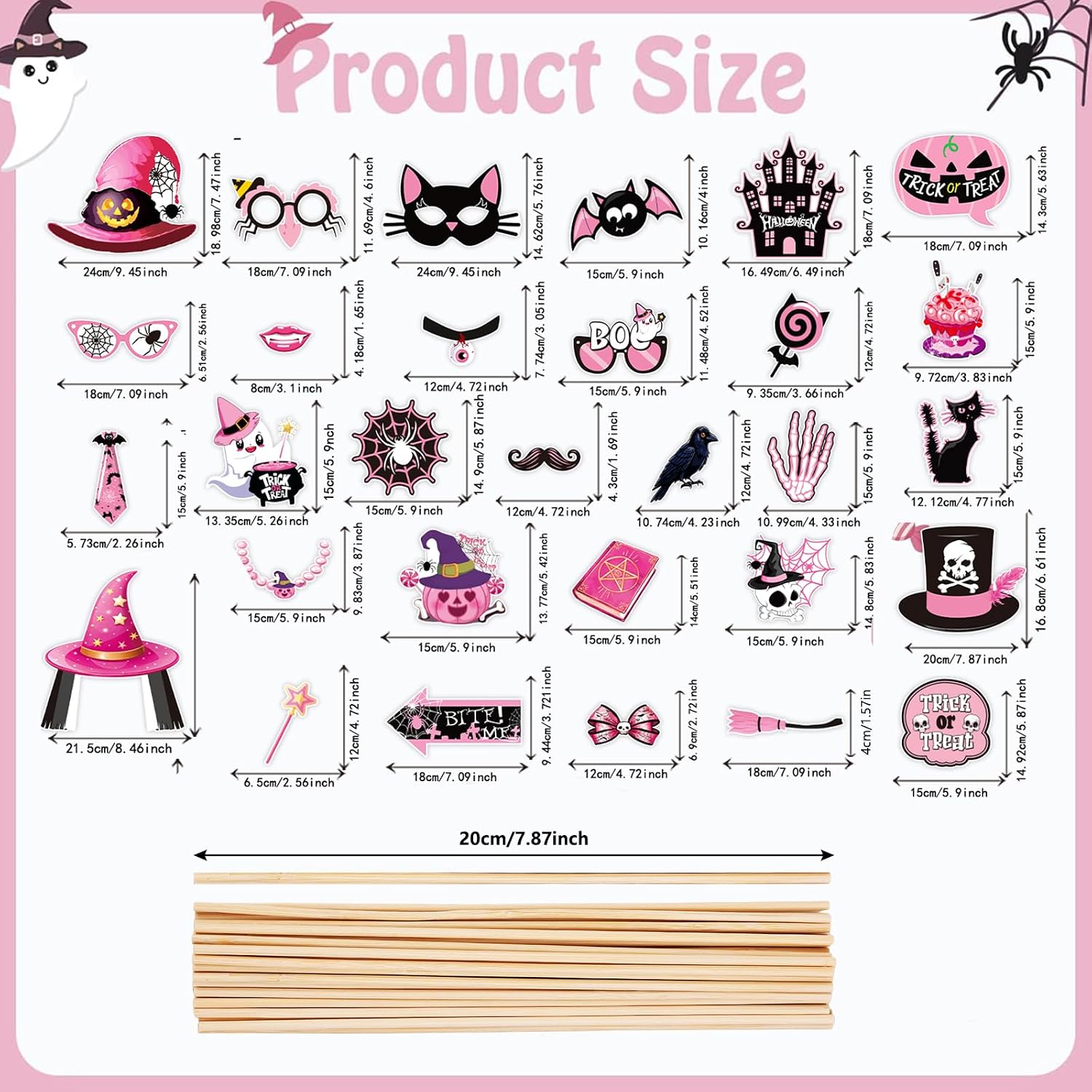Halloween Photo Booth Props 30 PCS Set, Pink Photoshoot Decorations, Party Favors Supplies Halloween Games Kit with Sticks & Adhesive Dots