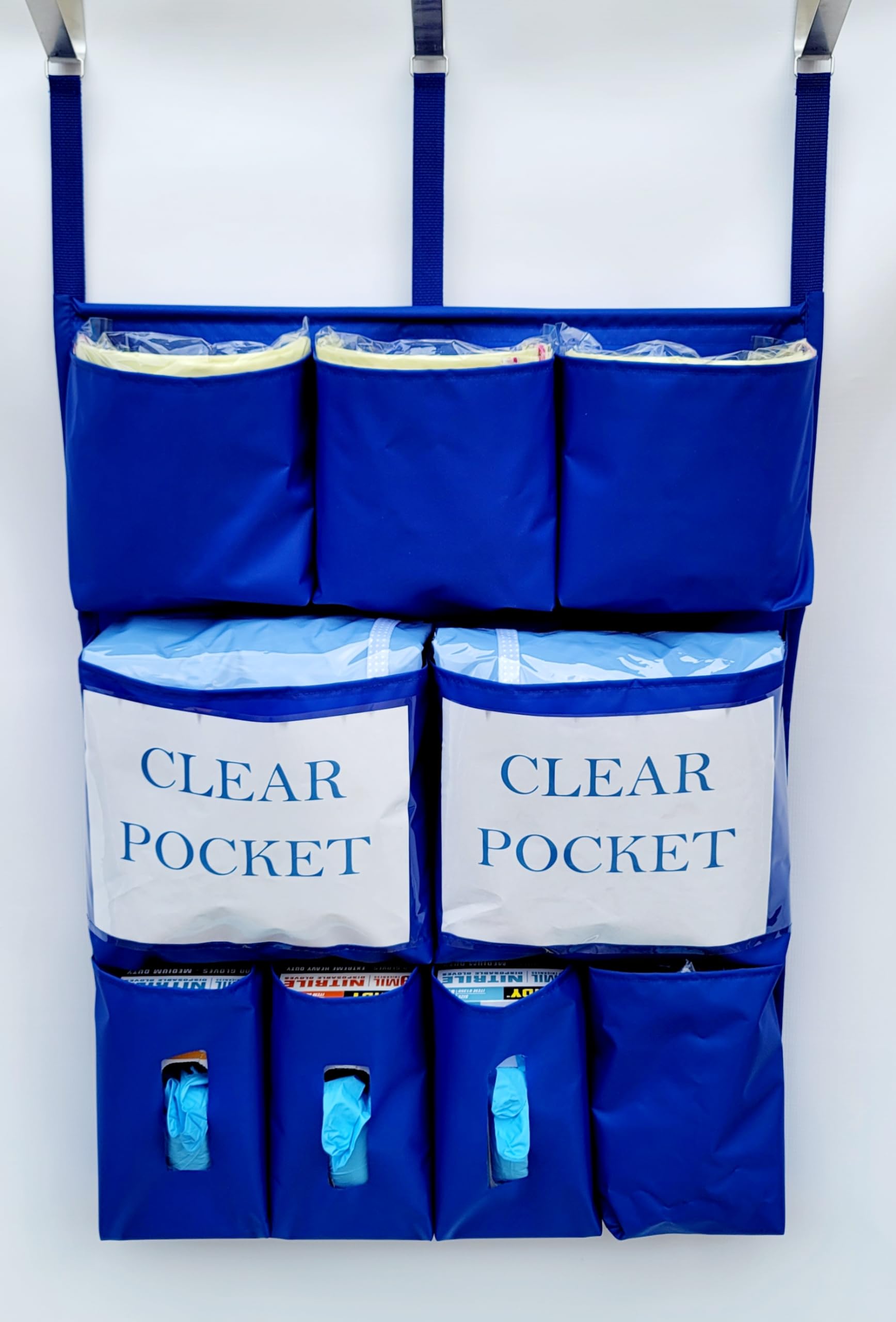 It's Sew EZ Personal Protection Equipment (PPE) Isolation Door Caddy - 9 Pockets - NFPA-701 Fire Retardant Nylon Oxford with Three Stainless Steel Hooks included (Royal Blue, 9 pockets)