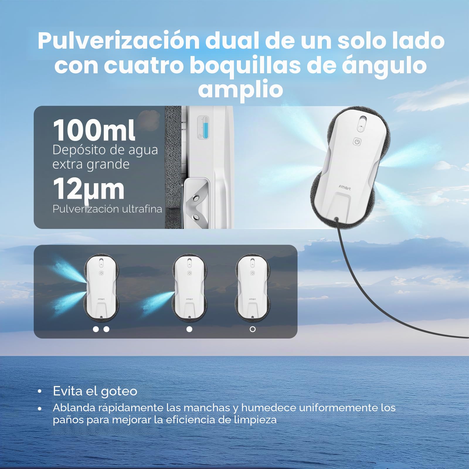 Fmart T11 Robot limpiador de ventanas, sistema cuatro vías, seguridad triple, navegación inteligente, mando a distancia