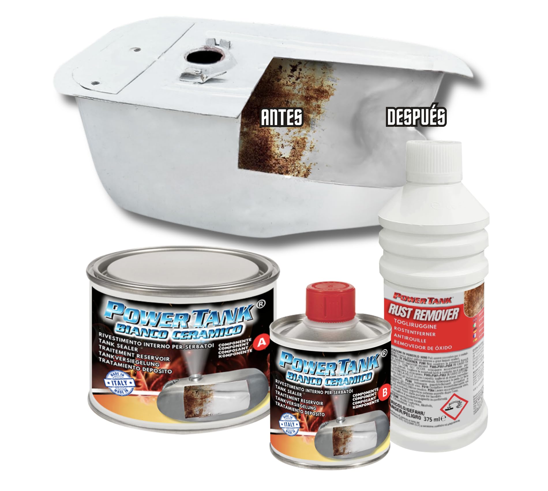 POWER TANK BLANCO CERAMICO - Tratamiento Tanque Deposito Moto (8/10 Litros) Kit Pequeño Small 350 g para Interior de Tanques Elimina Óxido Repara Protege Tanques Oxidados de Motos Vespa de Época