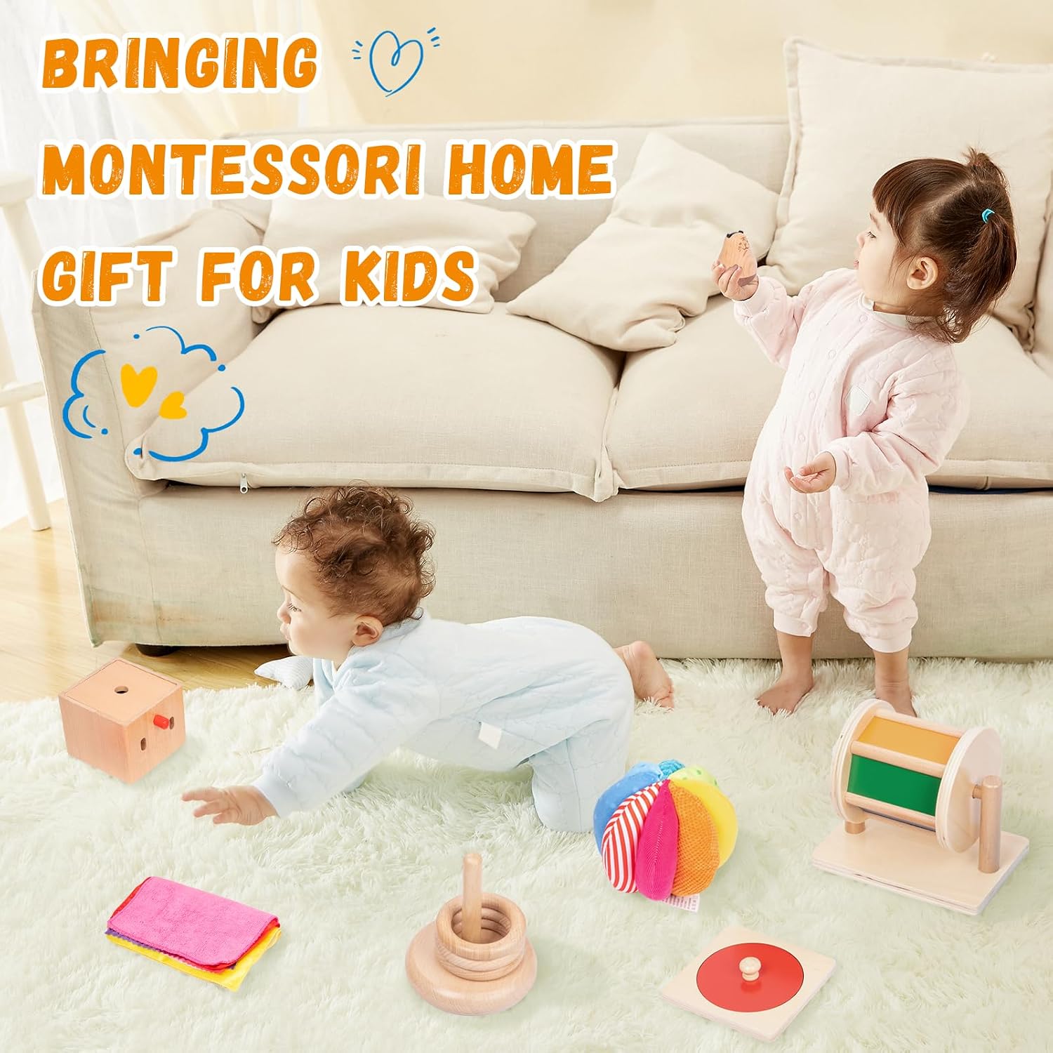 Adena Montessori Play Kit for 5-6 Months Baby,8 in 1 Learning Educational Toys for Toddler,Include Rainbow Spining Drum,Mirror Puzzle,Baby Tissue Box and More,Christmas Birthday Gift for Boys Girl