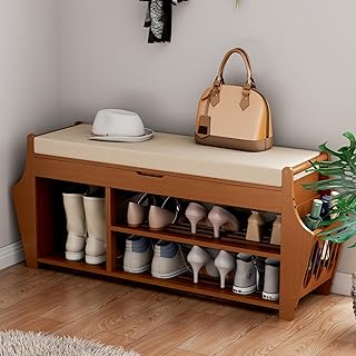 oakvivo Bamboo Shoe Bench Rack with Storage, 2 Tier Entryway Shoe Bench, Shoe Rack Organizer with Cushion, Hidden Drawer a...