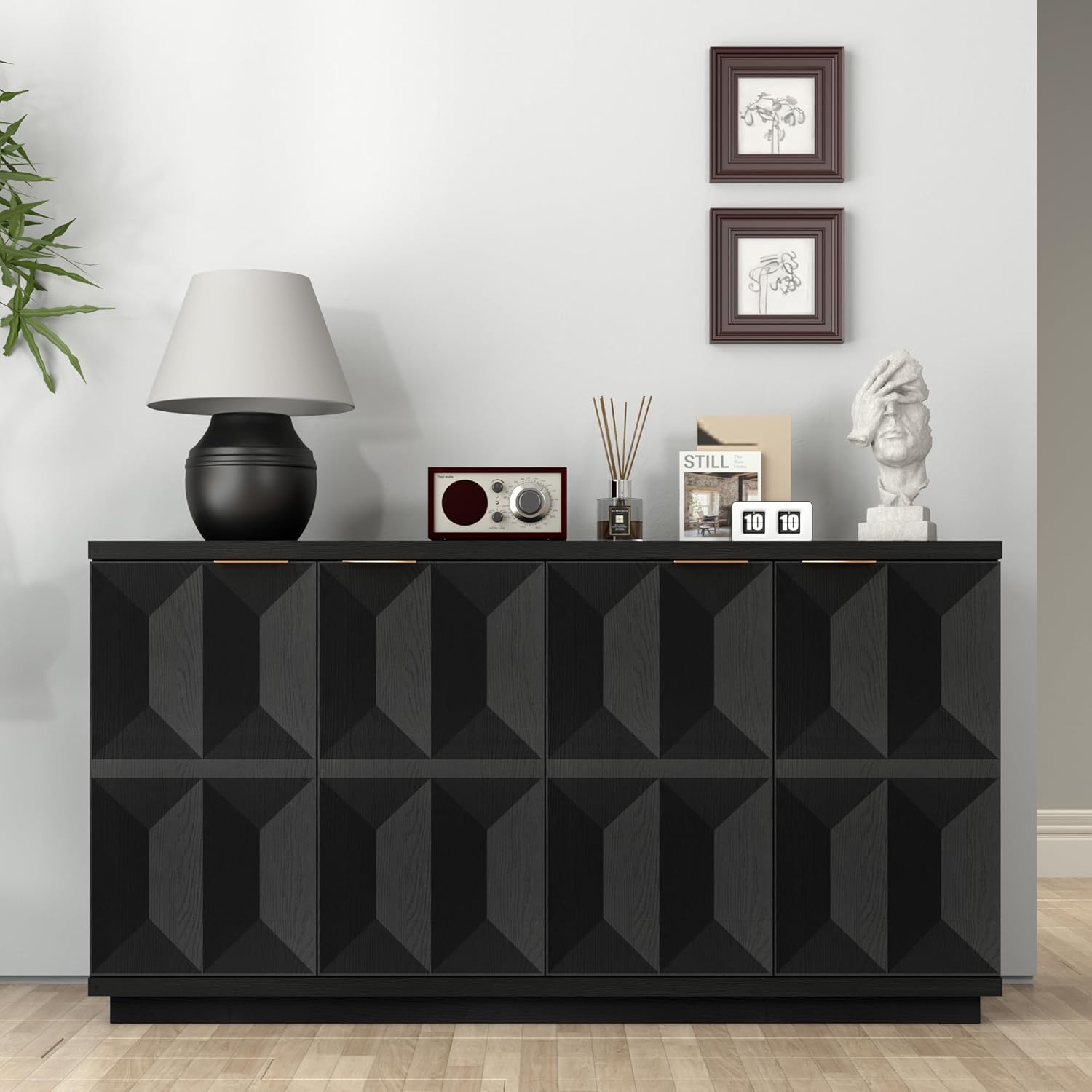 Brafab Buffet Cabinet, 59" Modern Mid-Century Credenza with 4 Doors, Wood Sideboard Cabinet with Geometric Doors for Living Room and Kitchen, Black