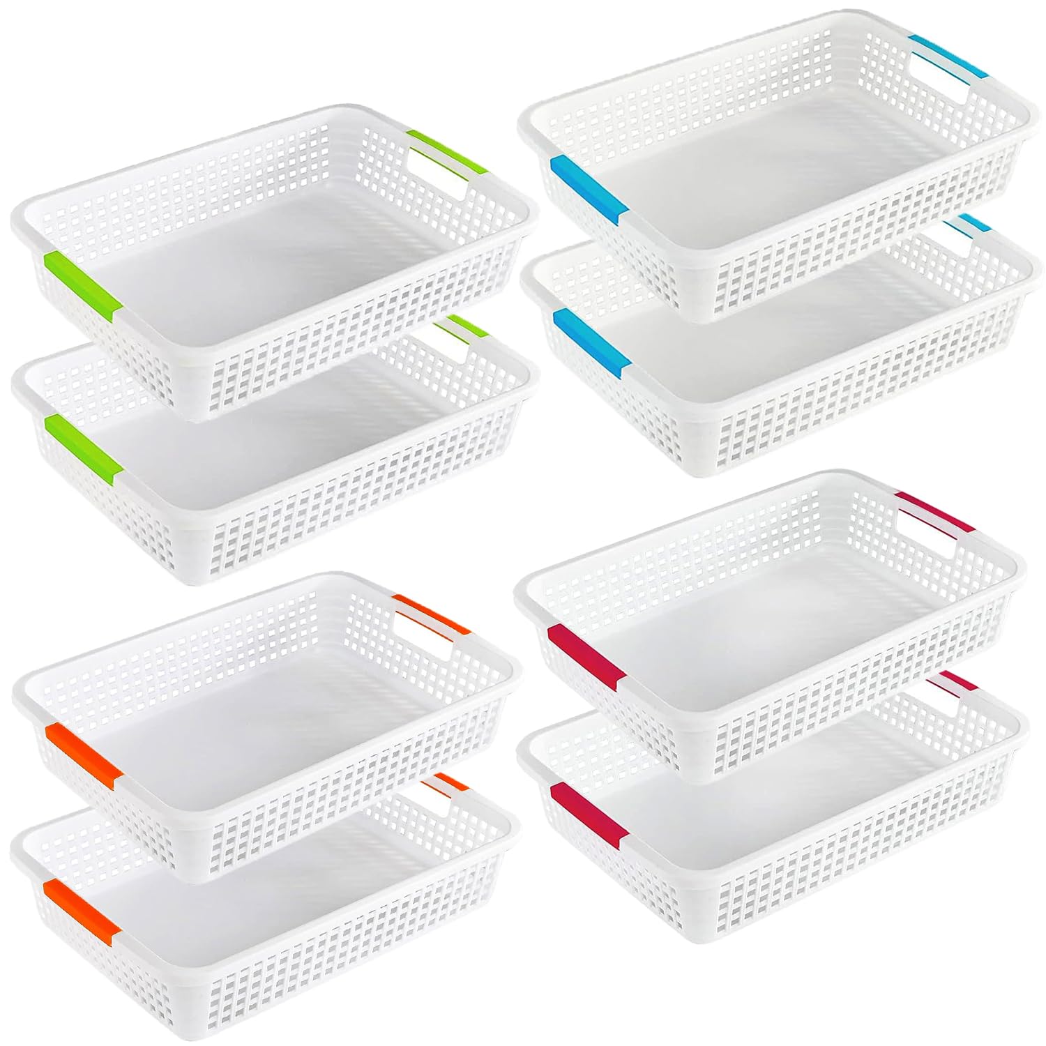 Paquete de 8 cestas de almacenamiento de plástico con asa, cesta de almacenamiento de papel para archivos de escritorio, cestas organizadoras de aula, contenedores de plástico para biblioteca,