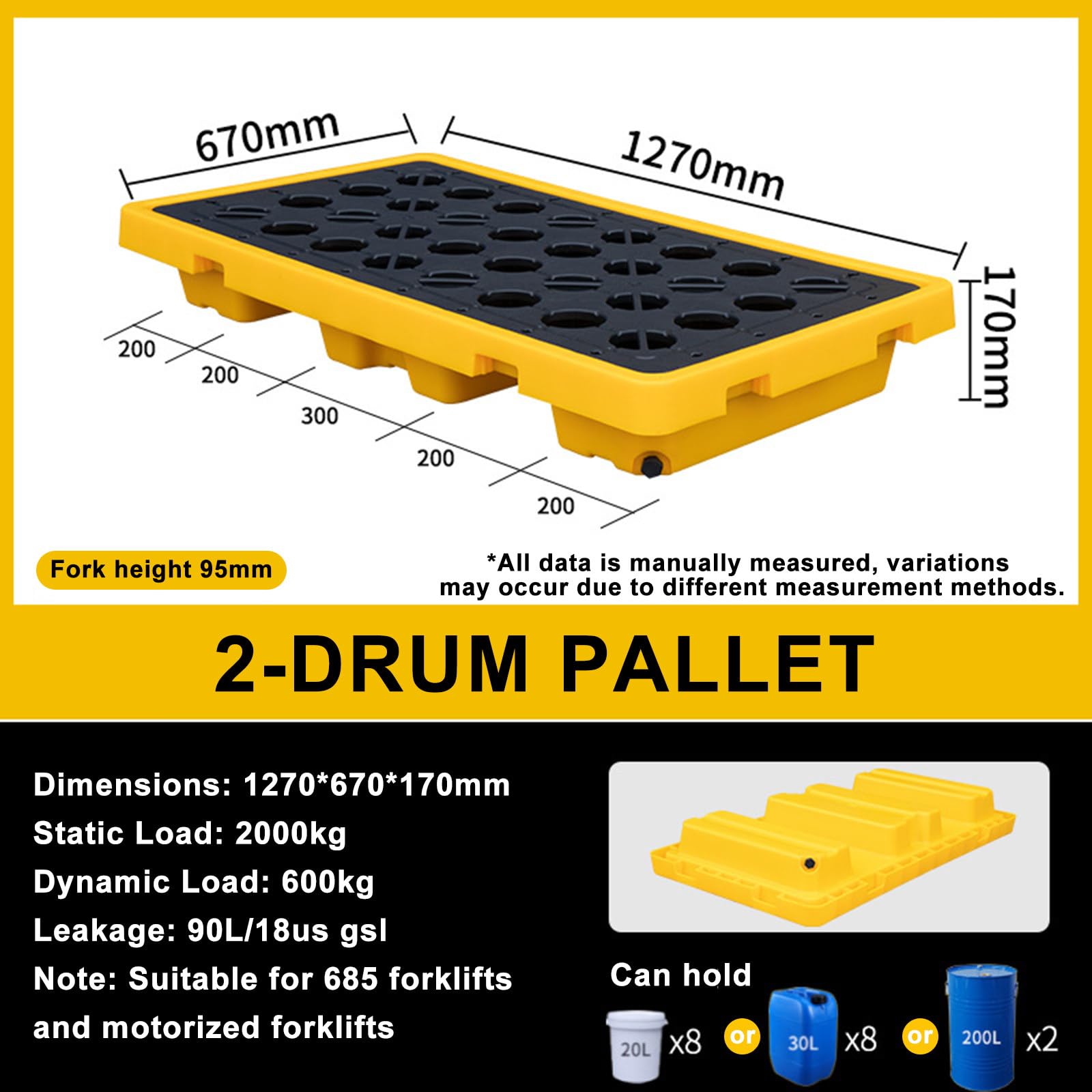 Odporna na wyciek wytrzymała paleta 67 x 67 cm, platforma do przechowywania chemikaliów z siatką, kompatybilna z wózkiem widłowym, przemysłowe rozwiązanie do zarządzania fuolą