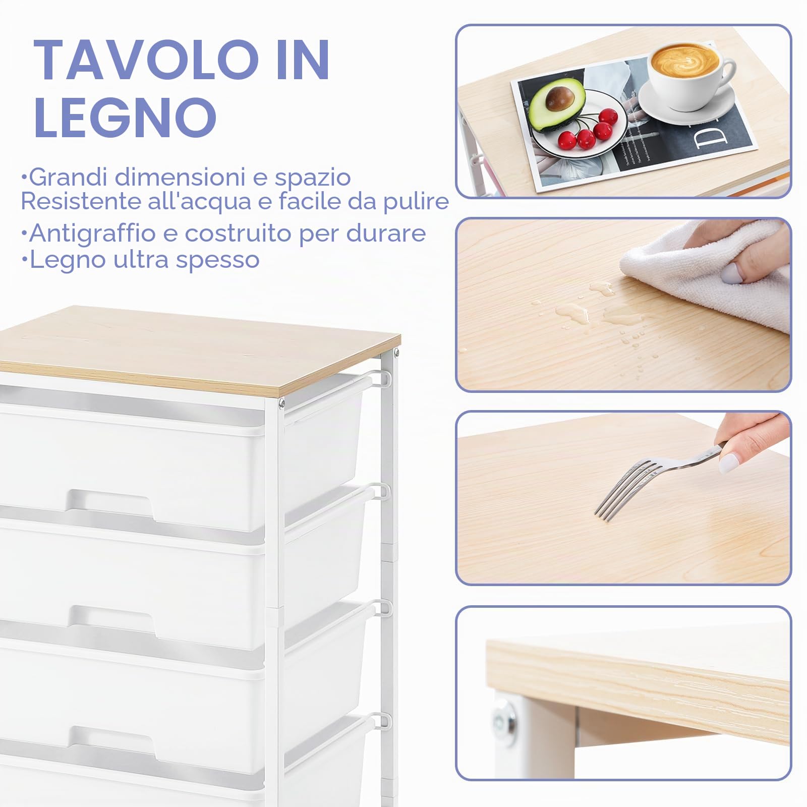 SYKIARIOL Carrello portaoggetti a 4 cassetti su ruote con piano tavolo in legno, per cucina, soggiorno, camera da letto, movimento semplice, grande capacità, 4 cassetti, bianco