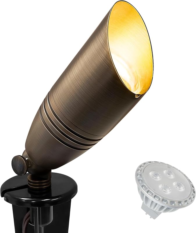 Low Voltage Brass Landscape Spotlight, Outdoor Waterproof LED, UL | Bronze, 12V 5W 2700K MR16 Bulb, Landscape Lighting, For House Palm Trees Garden Yard Lawn, Wired Up Light, Stake Included