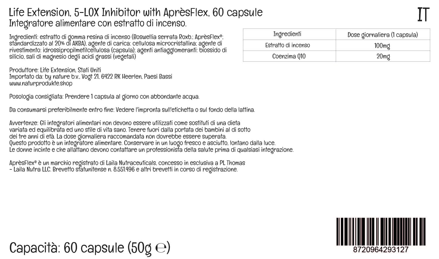 Life Extension, 5-LOX Inhibitor avec Après Flex, Extrait d'Encens, avec 20% d'AKBA, Haute Dosé, 60 Capsules végétaliennes, Sans Gluten, Végétarien, Sans Soja, Sans OGM
