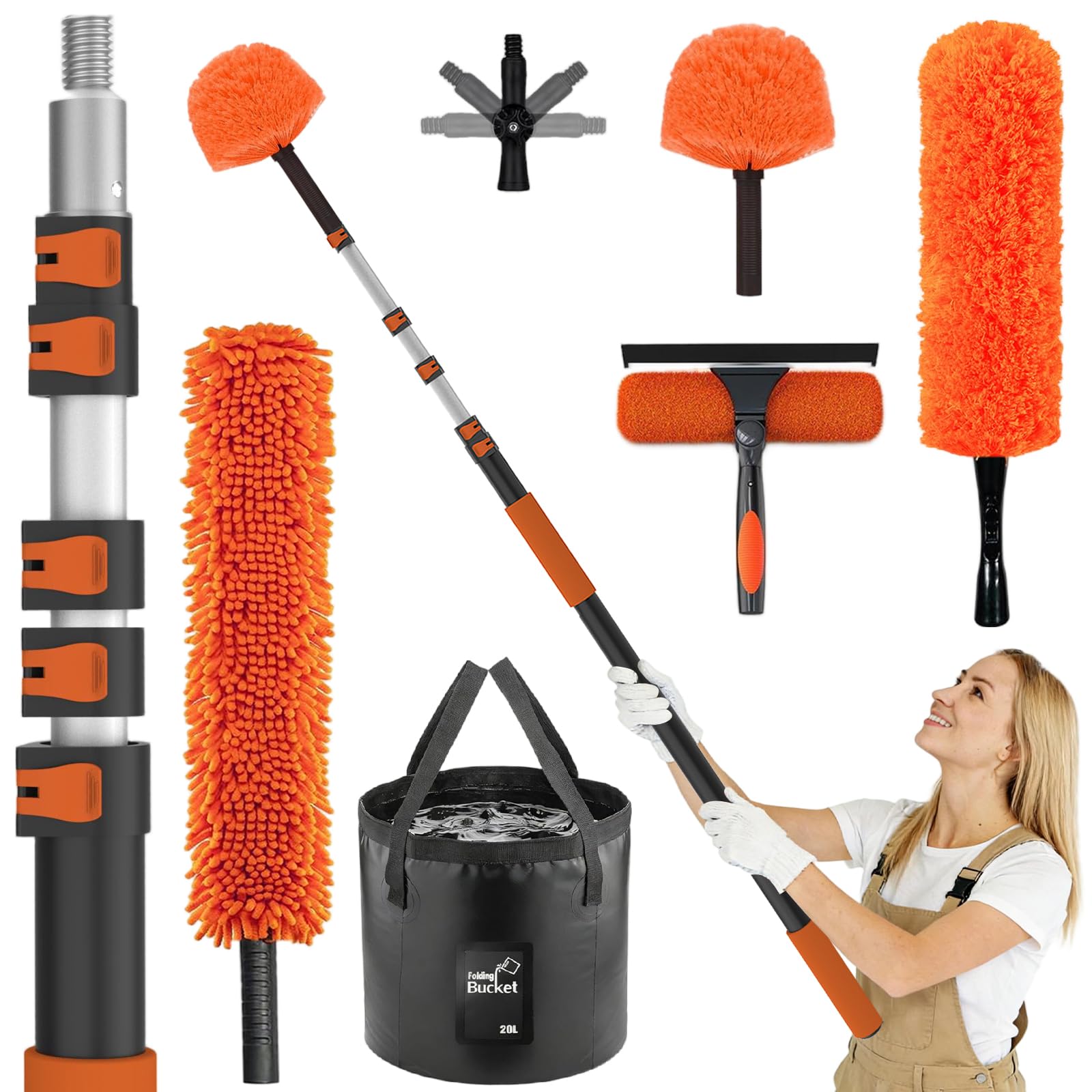 Laanpole Orange 7.2M Feather Duster Kit With Telescopic Pole, Extendable Microfiber Duster For High Ceiling, Long Handled Duster Kit With Cobweb Brush & Telescopic Window Cleaner & Bucket