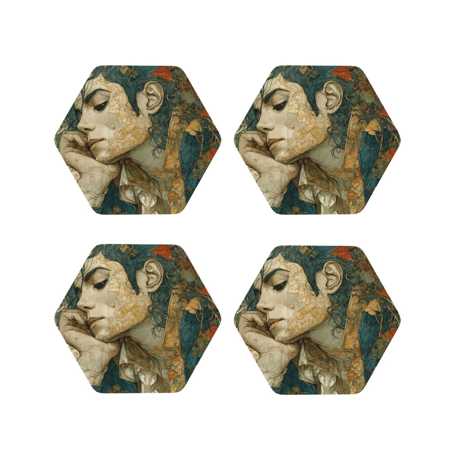 Coasters Set of 4 Round Leather Coaster Quick-Dry Drink Michael Jackson Coasters for Desk Absorbent Mugs Pads Tabletop Protection Pad Heat Resistant Coffee Cup Mat for Kitchen Bar