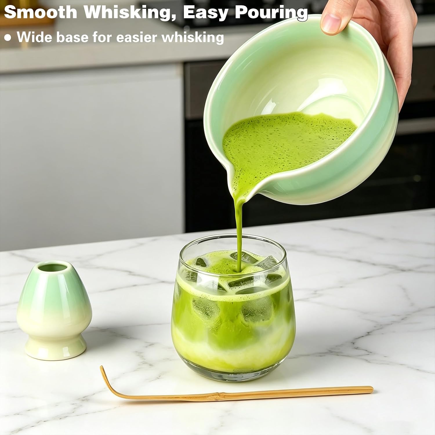Matcha Whisk Set, Japanese Tea Set Includes Matcha Bowl with Spout, Bamboo Whisk, Ceramic Chasen Holder, Scoop, Sifter, 5 pcs Traditional Tea Making Kit for Matcha Lovers Women Men image 5