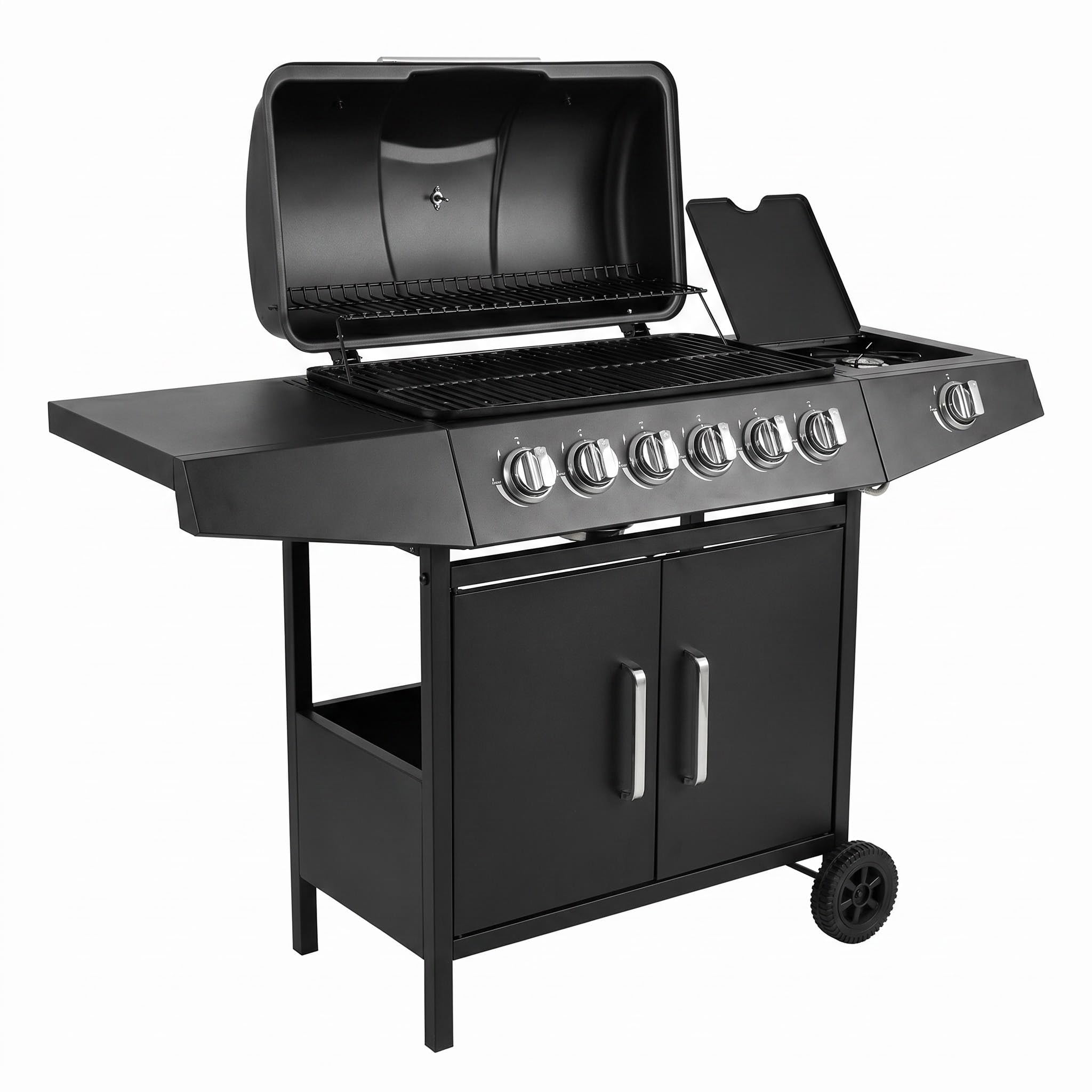 Barbacoa de Gas, compacta con 6+1 quemadores, Barbacoa de Gas para Piedras de Lave, con quemador lateral, controles de temperatura independientes, gran zona de barbacoa