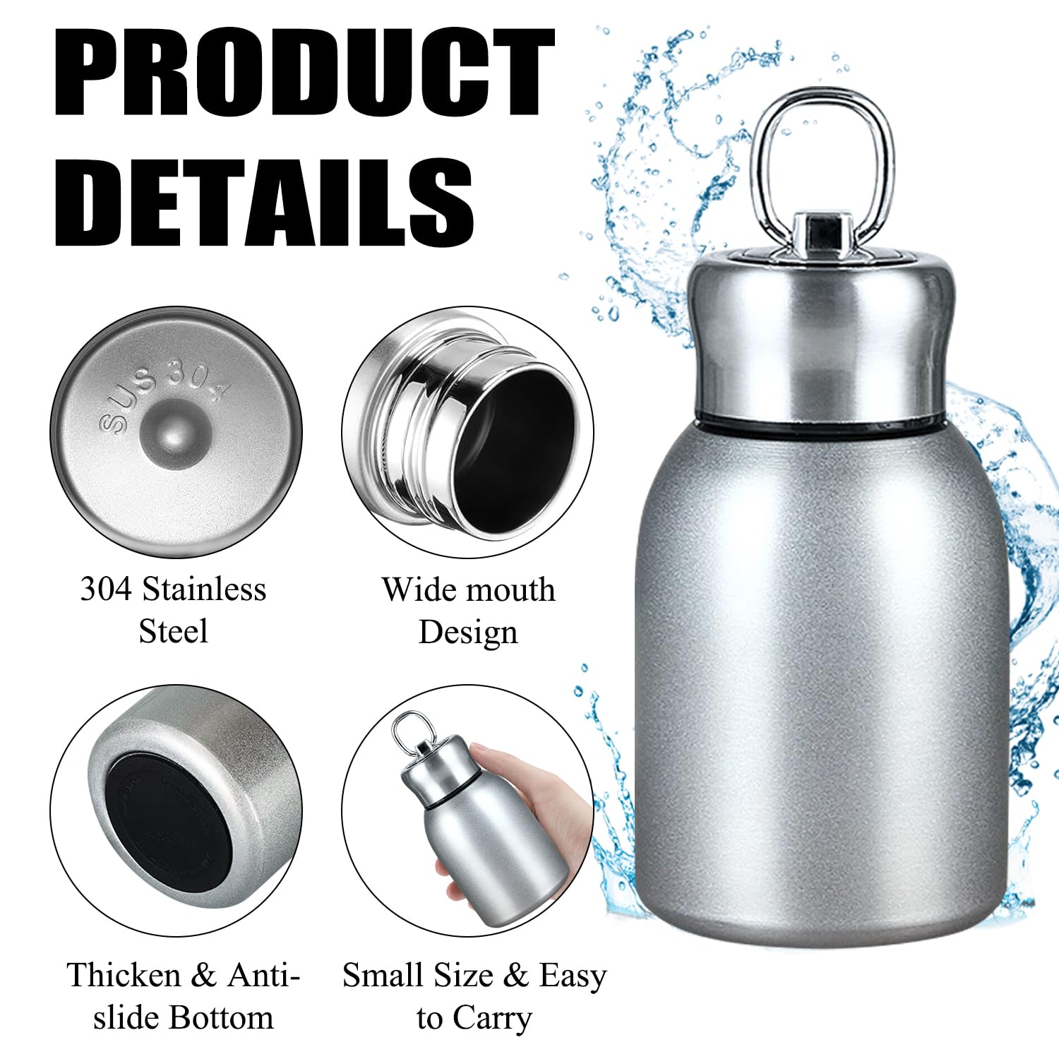 Mini botella térmica de acero inoxidable, pequeña botella de agua aislada al vacío, portátil, a prueba de fugas, vaso deportivo para bebidas calientes y frías (plateado)