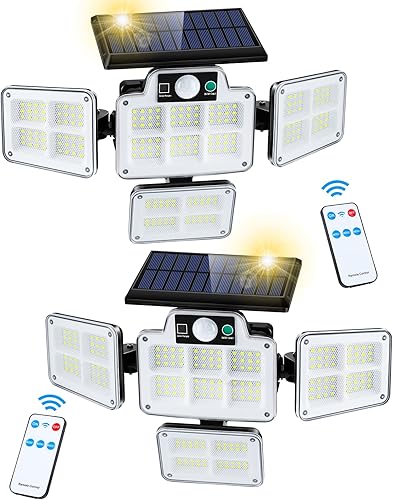 WOLOYHEATIE Luces solares para exteriores con sensor de movimiento, luces de seguridad con control remoto, 4 cabezales giratorios, 216 LED, 7000K,