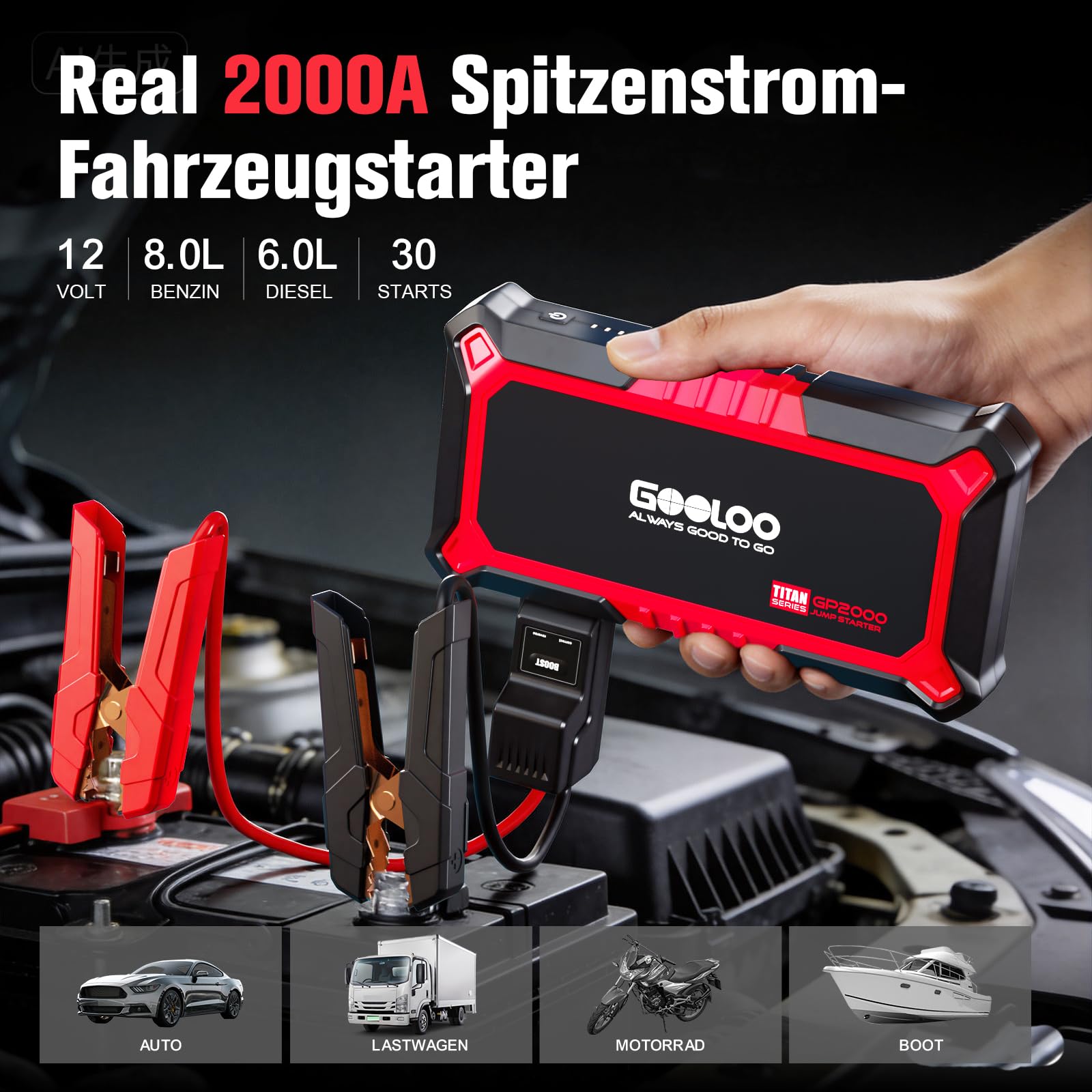 GOOLOO GP2000 Starthilfe Powerbank für Pkw, 2000A Supersafe Auto Starthilfe Powerbank für 12V (Bis zu 8.0L Benzin & 6.0L Diesel), Booster Autobatterie mit USB-Schnellladung, Starthilfekabel und LED