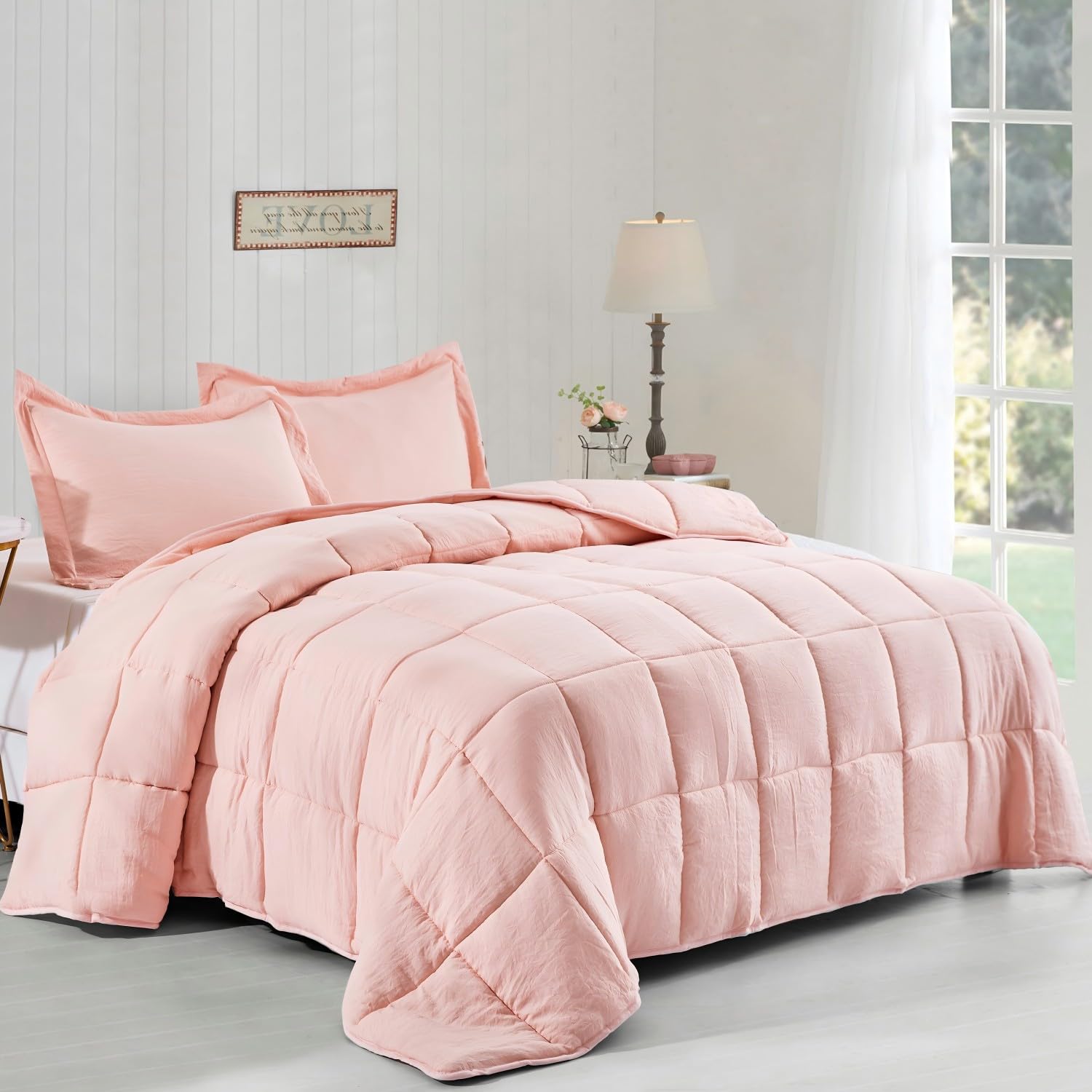 HIG 3pc Prewashed All Season Goose Down Alternative Comforter Duvet Insert -Quilted Comforter with Corner Tabs -Box Stitched -250GSM Fiberfill Shabby Chic Farmhouse Style Bedding(Salomon,King,Pink)