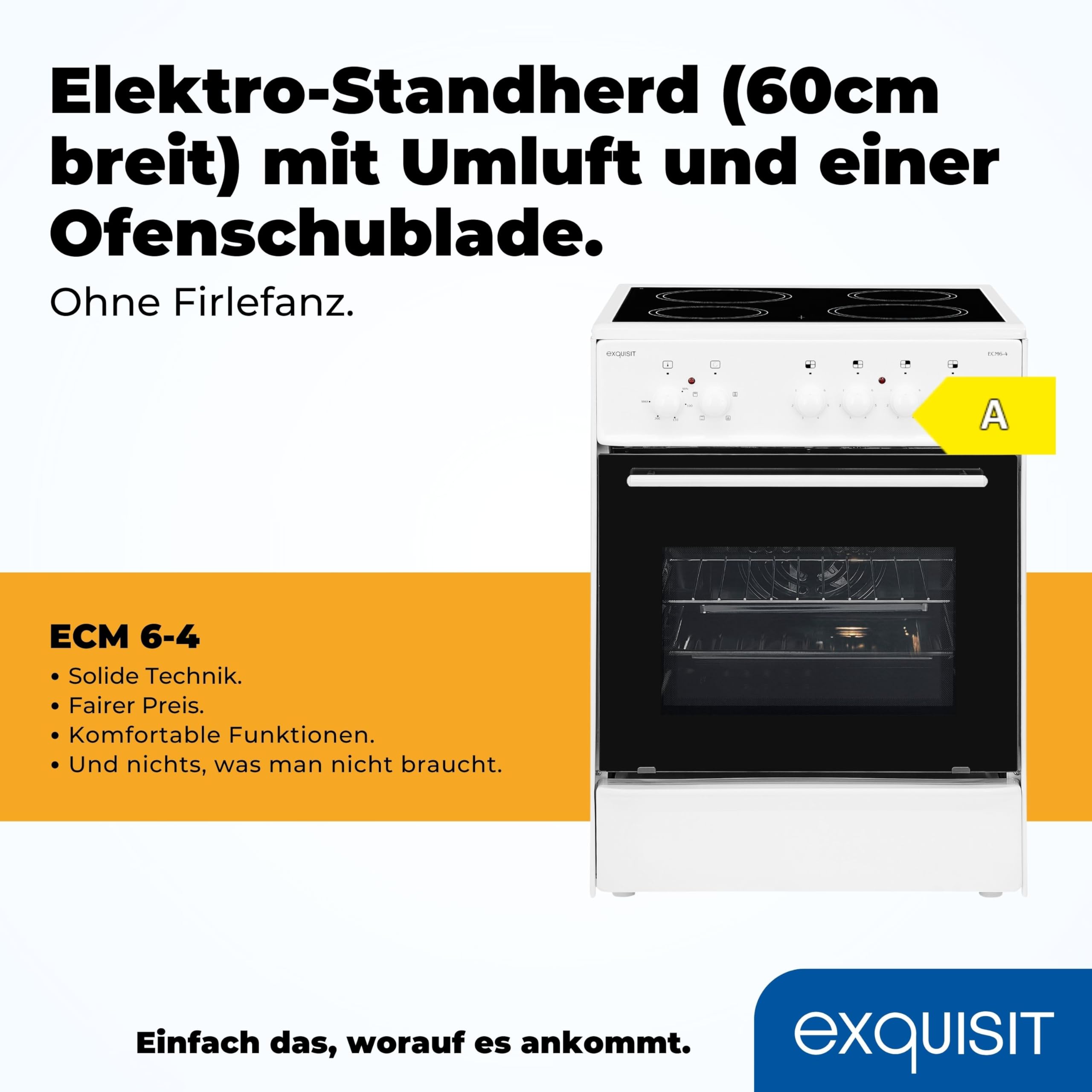 Exquisit - Cocina eléctrica de pie ECM 6-4, 60 cm, vitrocerámica, 61 L, color blanco