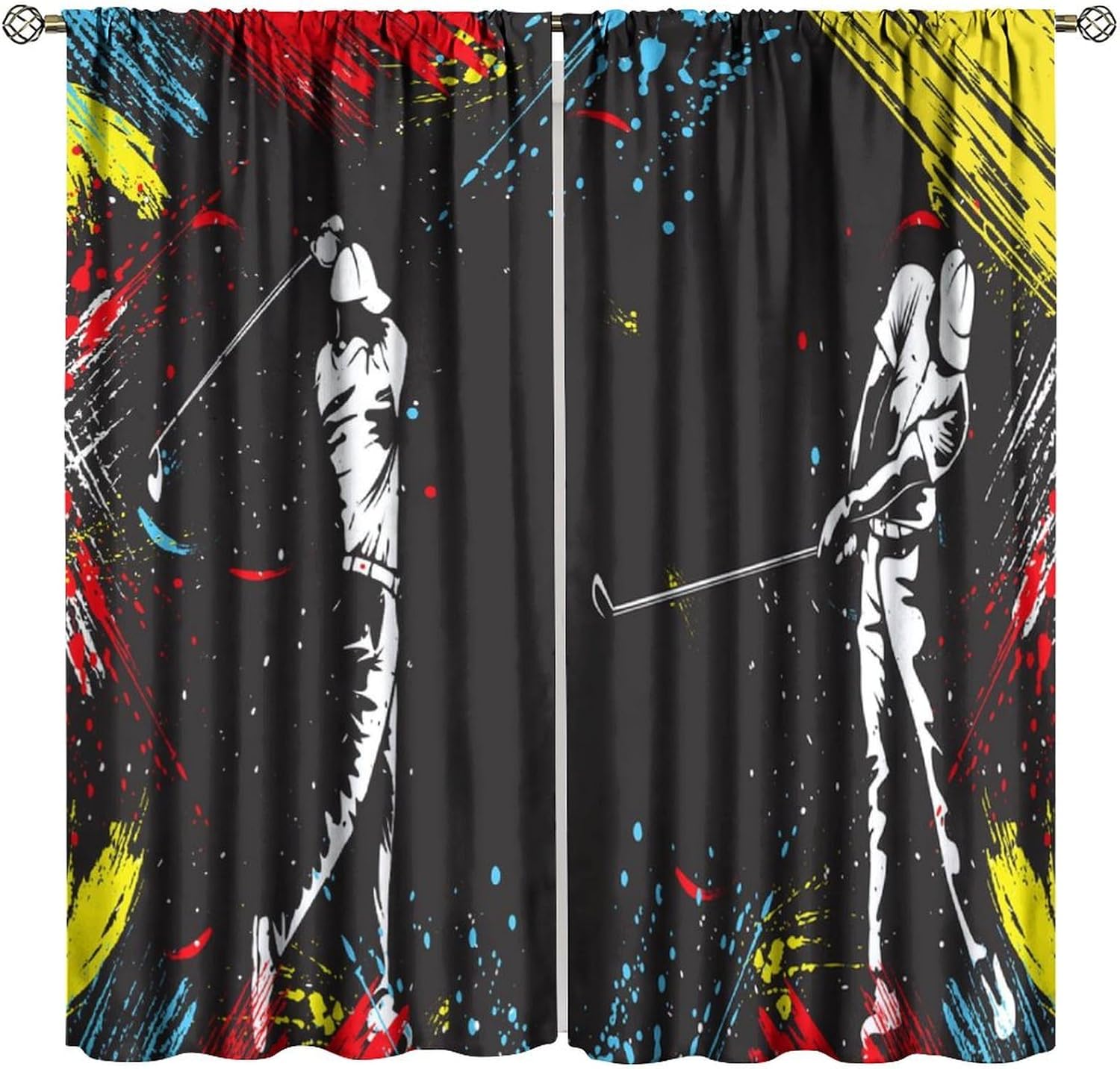 Golf Player Rod Pocket Decor Curtains for Boy Girl Bedroom, Sports Abstract Art Watercolor Splashing Style for Home Kitchen Livingroom Coffee Room Window Curtain 2Panel 42" W X 54" L