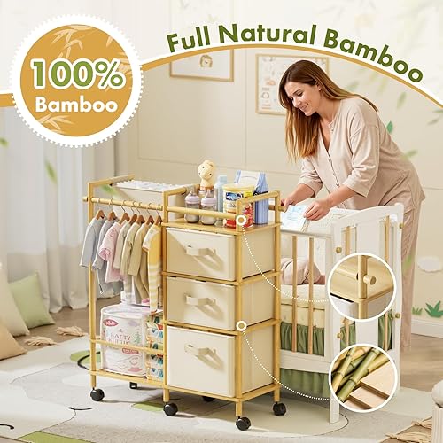 Miniatura 2 de Carrito organizador de pañales de bambú para bebé, carrito rodante de 3 niveles con divisores y cajones extraíbles, carrito de pañales para