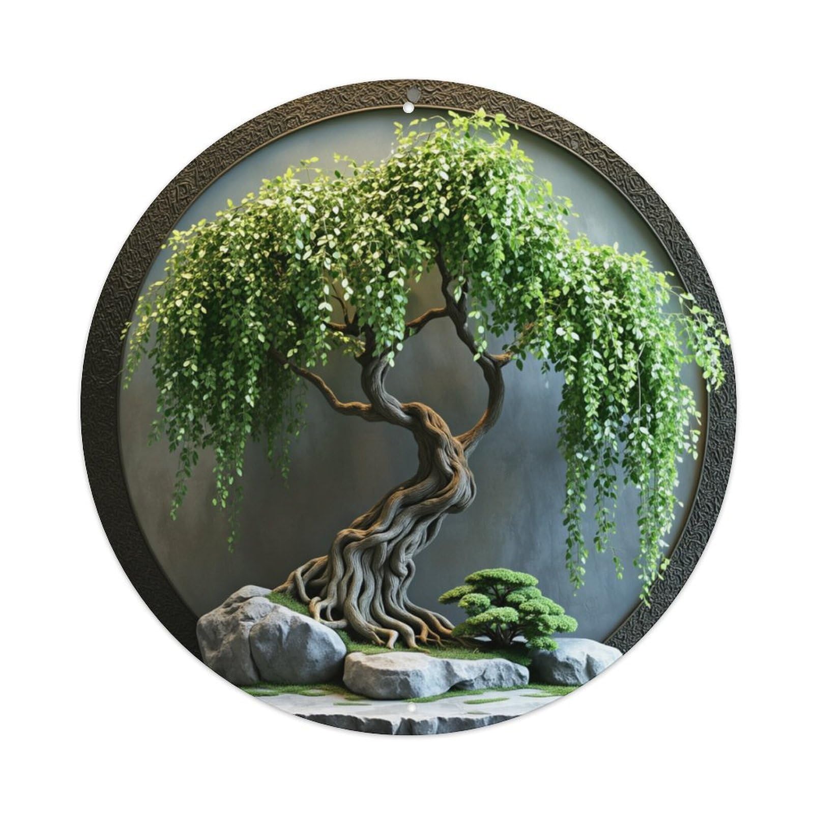 Bonsai Tree With Rocks And Moss Round Tin Sign Retro Metal Sign for Cafe Bar Pub Home Game Room Gym Club Wall Decoration Vintage Metal Poster 8x8 Inch