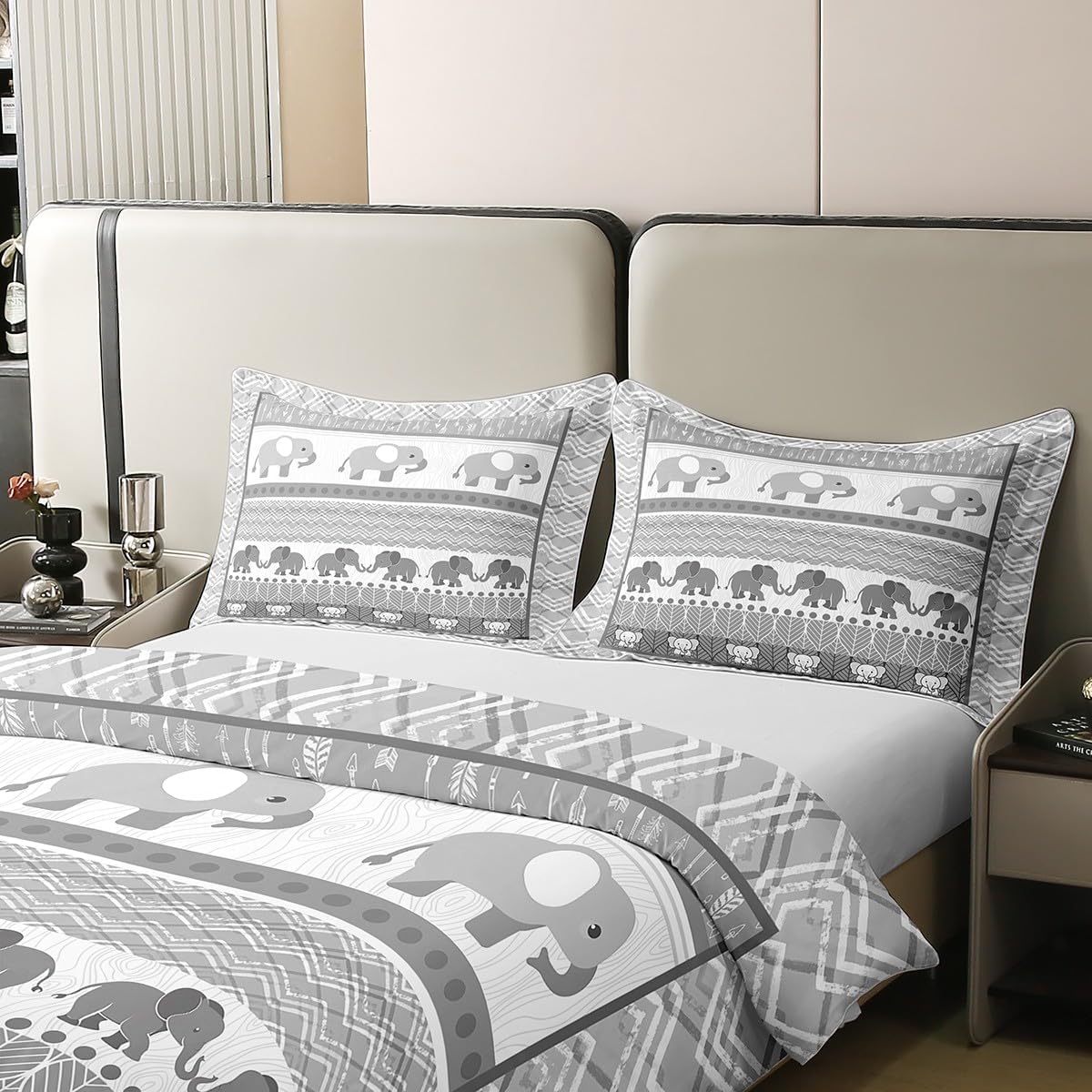 Feelyou Cute Elephant Cotton Duvet Cover Set Twin Size for Kids Boys Girls Boho Exotic Style Comforter Cover Set Grey Striped Bohemian Duvet Cover Bedspread Cover Bedding Collection,No Stuffing